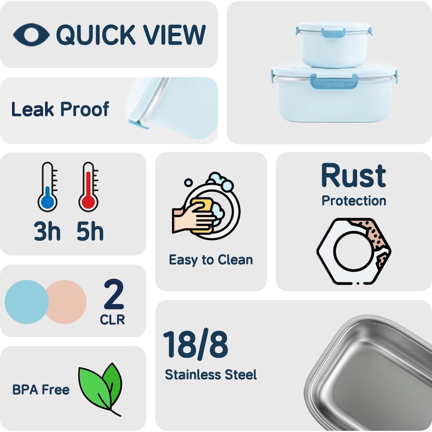 Caja Bento Aislada Beviss 21x11 cm Acero Inoxidable Azul