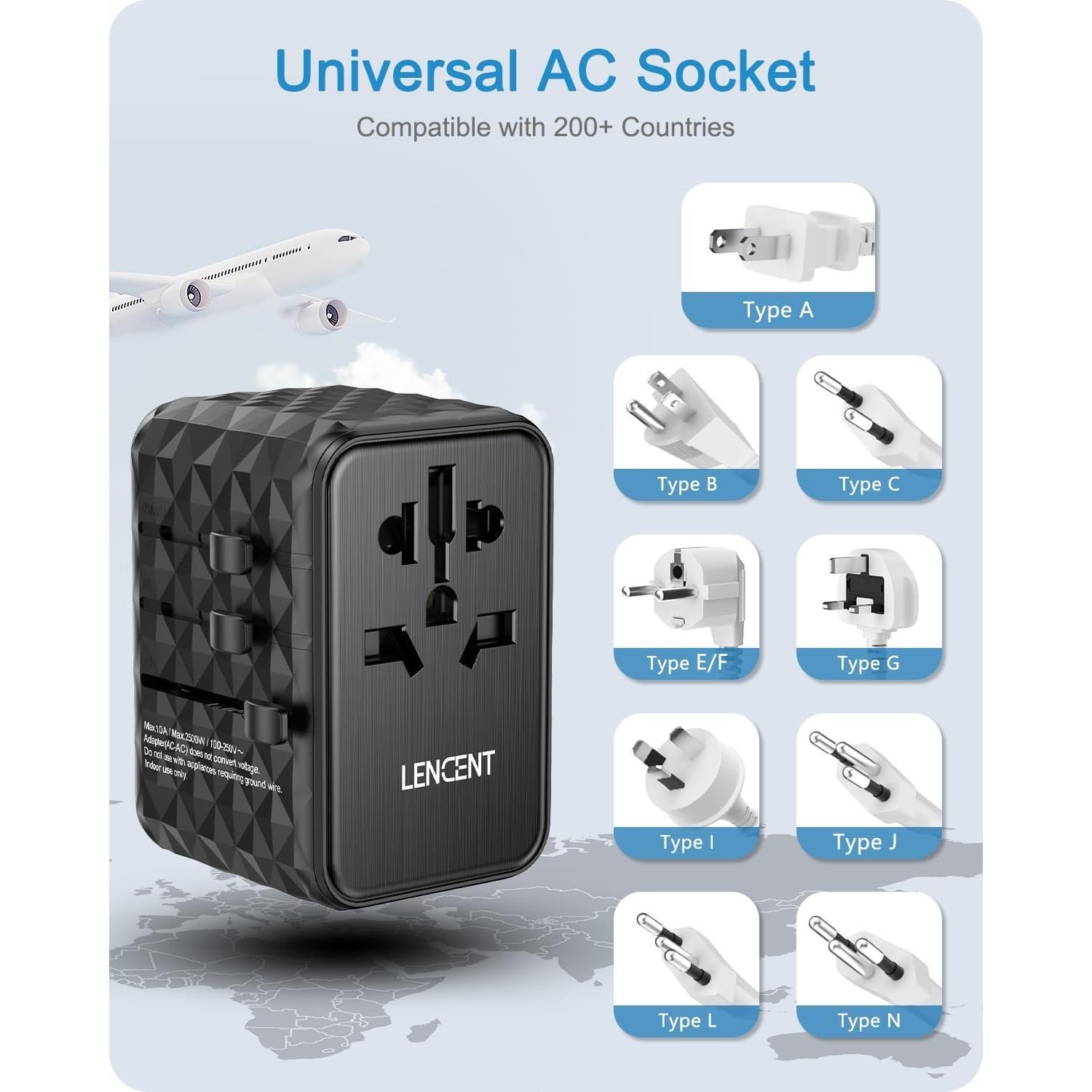 Adaptador de Viaje Universal LENCENT 65W 4 Puertos USB-C y A