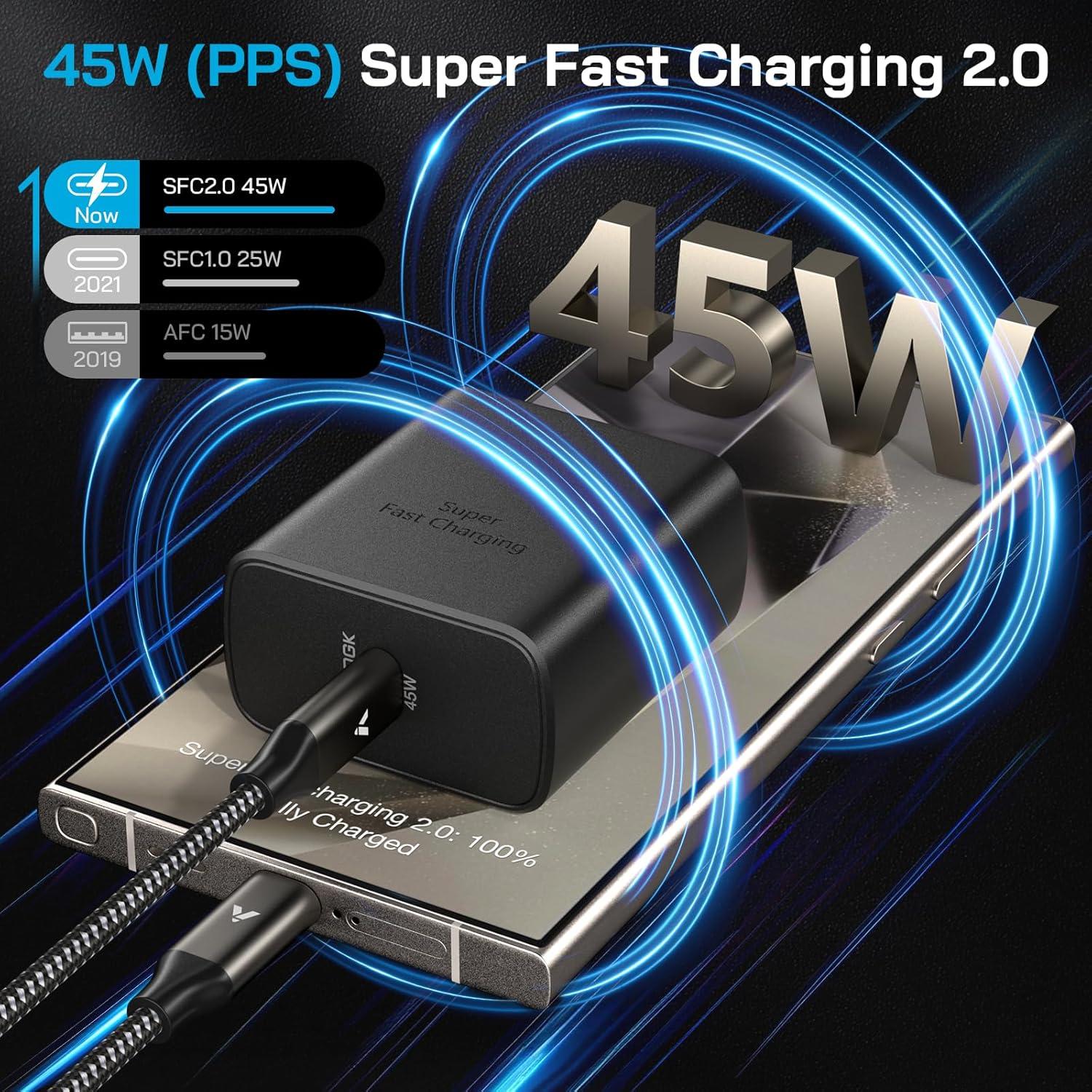 Cargador Rápido 45W USB C VELOGK + 2 Cables 3.3FT Samsung