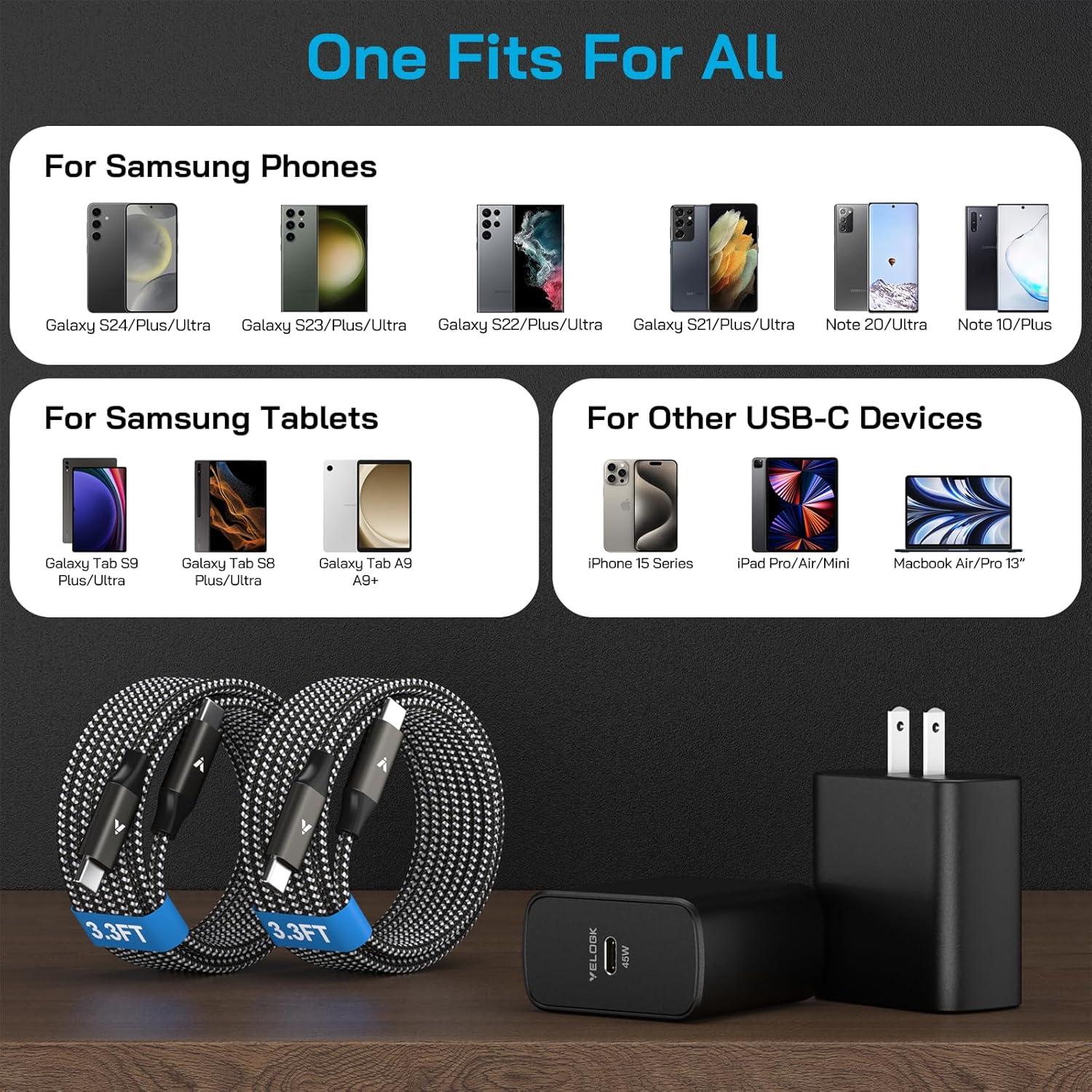 Cargador Rápido 45W USB C VELOGK + 2 Cables 3.3FT Samsung