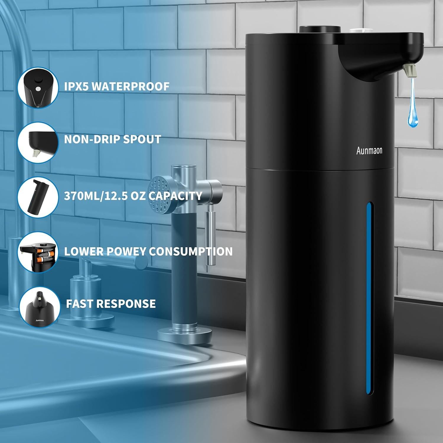 Dispensador Automático de Jabón Aunmaon Negro 320g Manos Libres