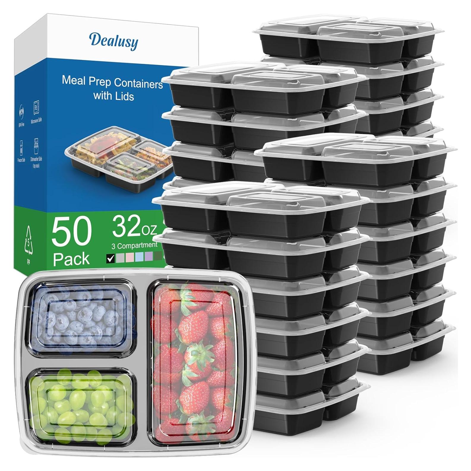 Paquete de 50 Contenedores de Comida 32 oz Dealusy 3 Compartimentos