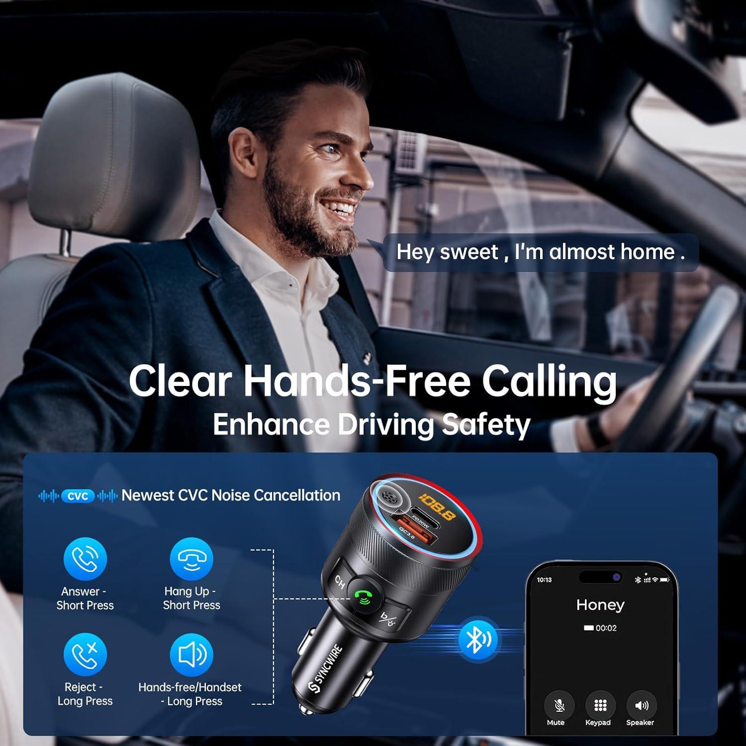 Transmisor FM Bluetooth 5.4 Syncwire para coche 38W Carga Rápida
