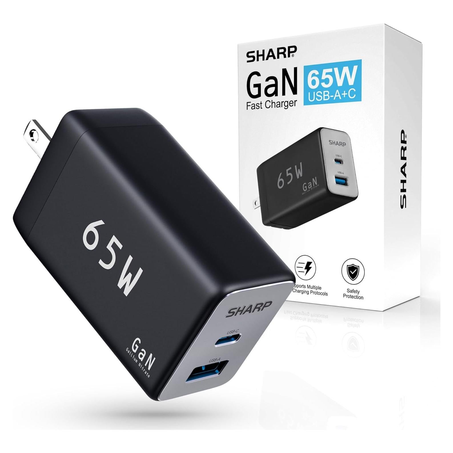Cargador USB-C Sharp 65W Doble Puerto Carga Rápida GaN Negro