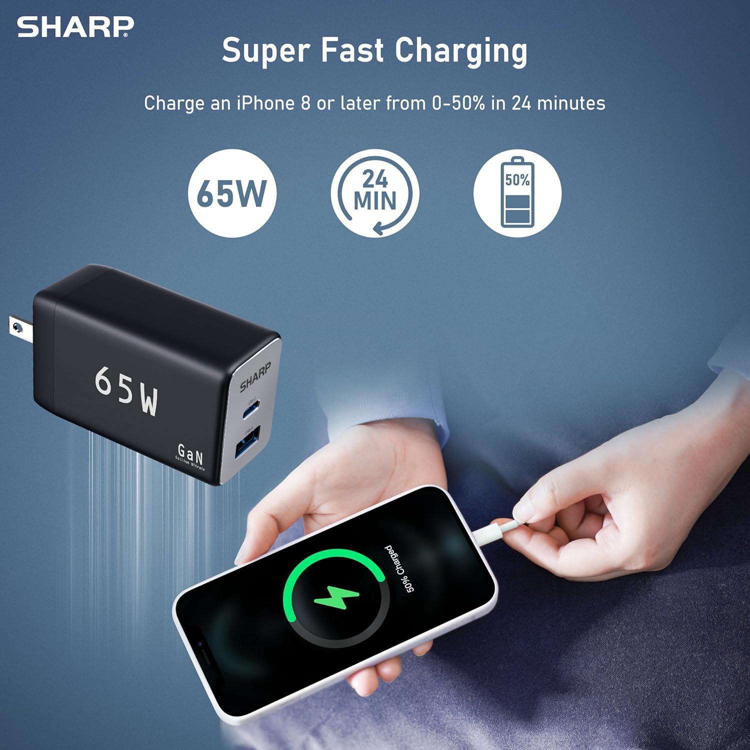 Cargador USB-C Sharp 65W Doble Puerto Carga Rápida GaN Negro