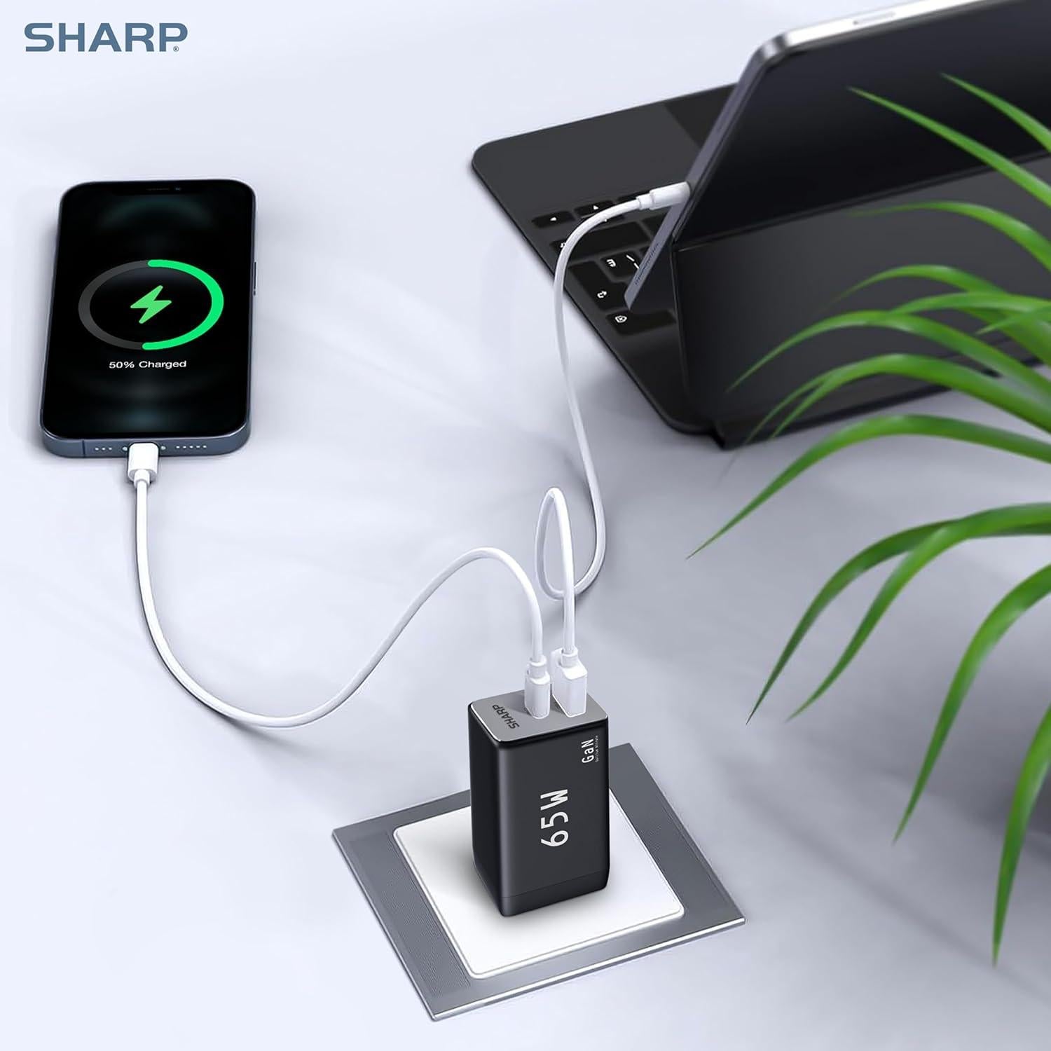 Cargador USB-C Sharp 65W Doble Puerto Carga Rápida GaN Negro