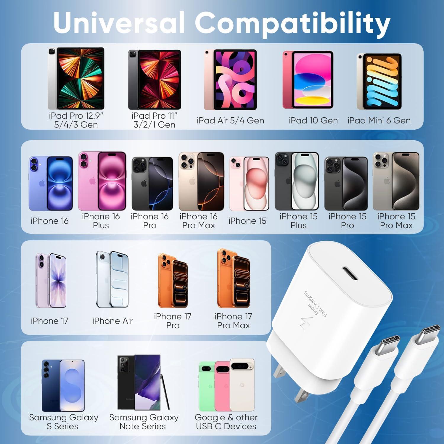 Cargador Rápido USB C 30W para iPhone 15 16 17 + Cable 10FT