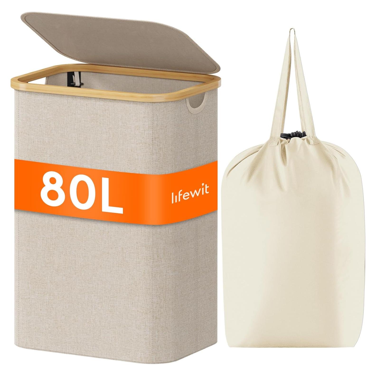 Cesta de Ropa Lifewit 80L con Tapa y Bolsa Extraíble Beige
