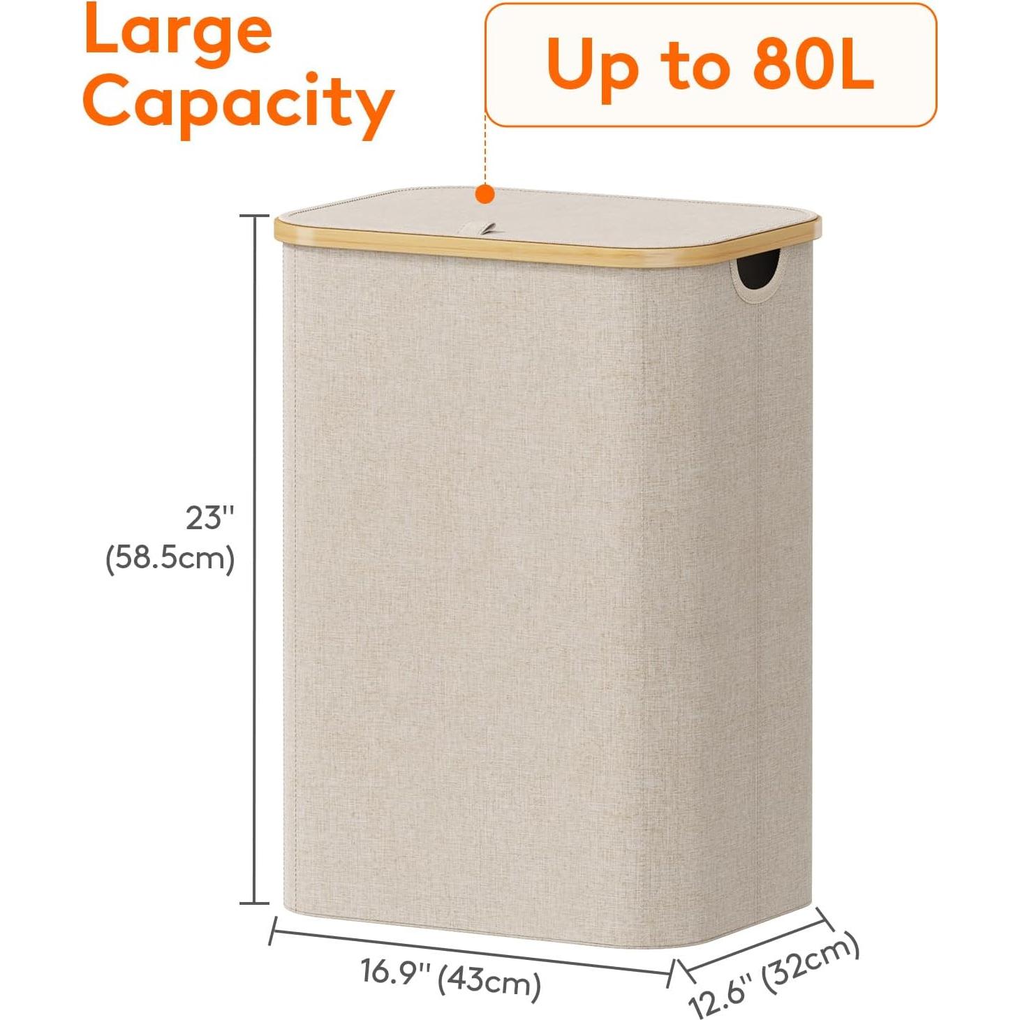 Cesta de Ropa Lifewit 80L con Tapa y Bolsa Extraíble Beige