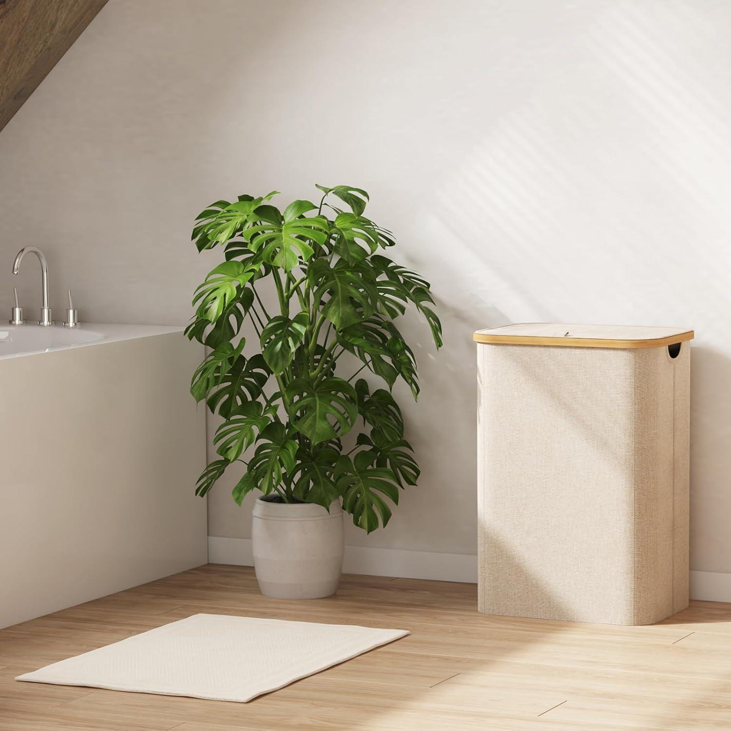 Cesta de Ropa Lifewit 80L con Tapa y Bolsa Extraíble Beige