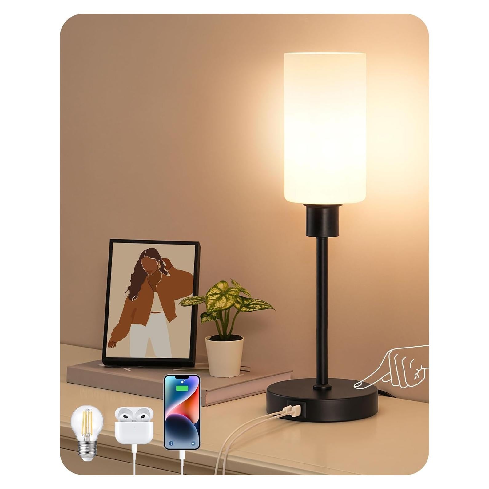 Lámpara de Mesa EDISHINE de Vidrio 40 cm con Control Táctil y USB