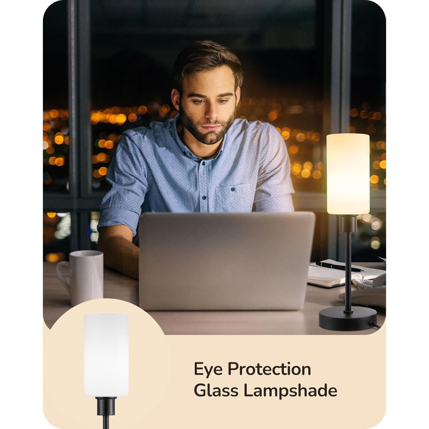 Lámpara de Mesa EDISHINE de Vidrio 40 cm con Control Táctil y USB