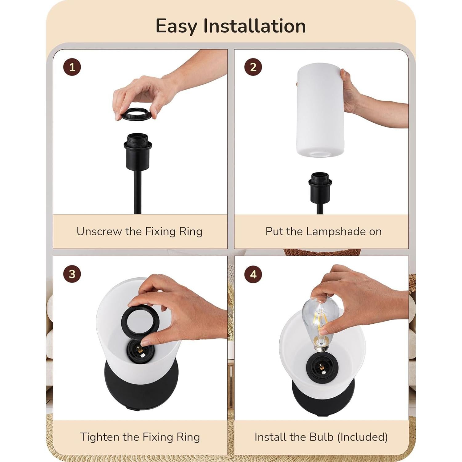 Lámpara de Mesa EDISHINE de Vidrio 40 cm con Control Táctil y USB