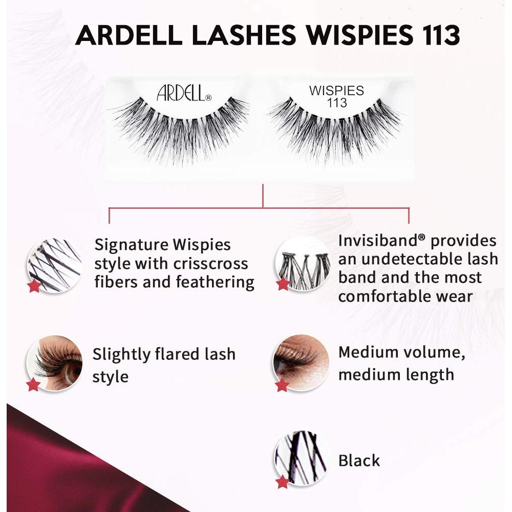 Pestañas Postizas Ardell Wispies 113 Negro - Banda Suave, 4 Paquetes