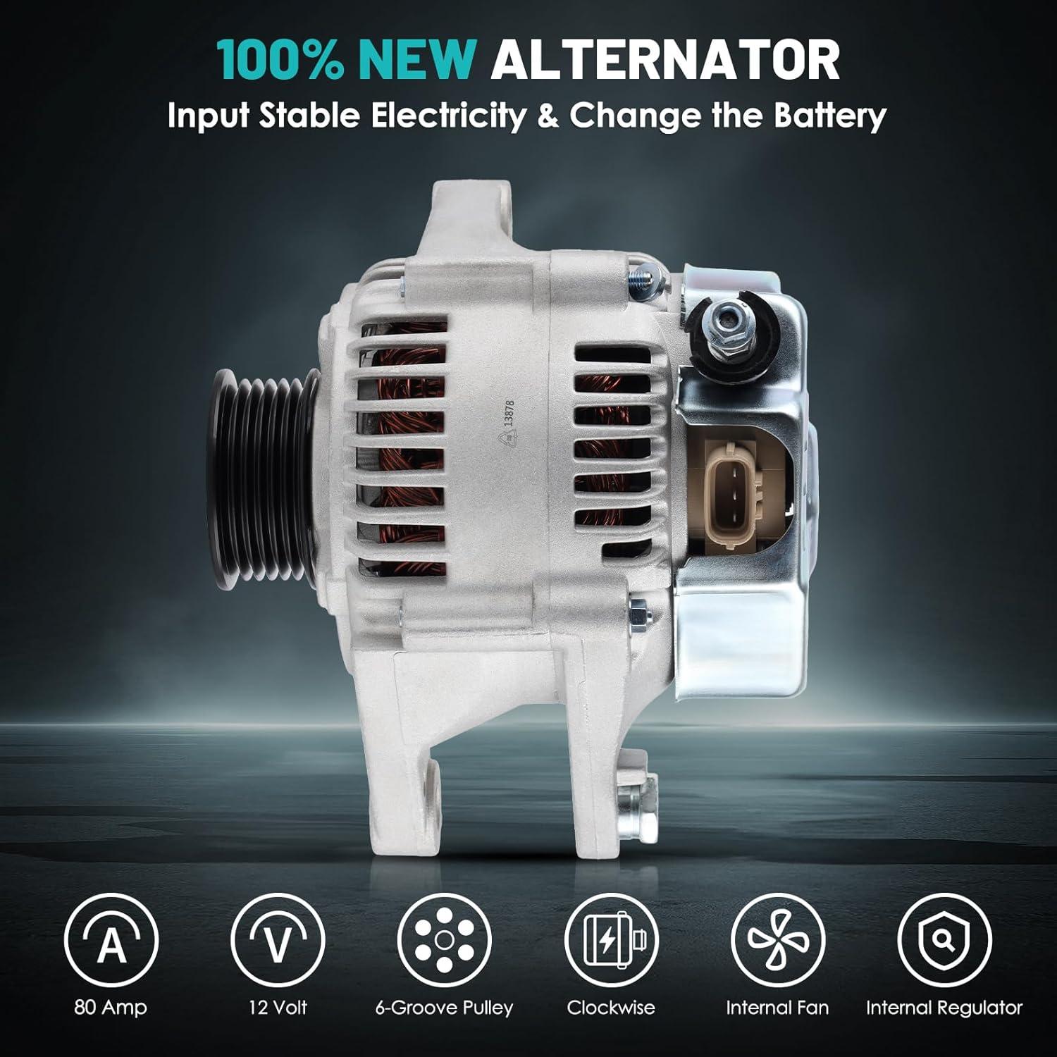 13878 Alternators Fit for Toyota Corolla, Matrix, Celica, MR2 Spyder, for Pontiac Vibe L4 1.8L Automotive Replacement Alternators 27060-22040 102211-1920 Alternators 80 Amp, 6-Groove Pulley