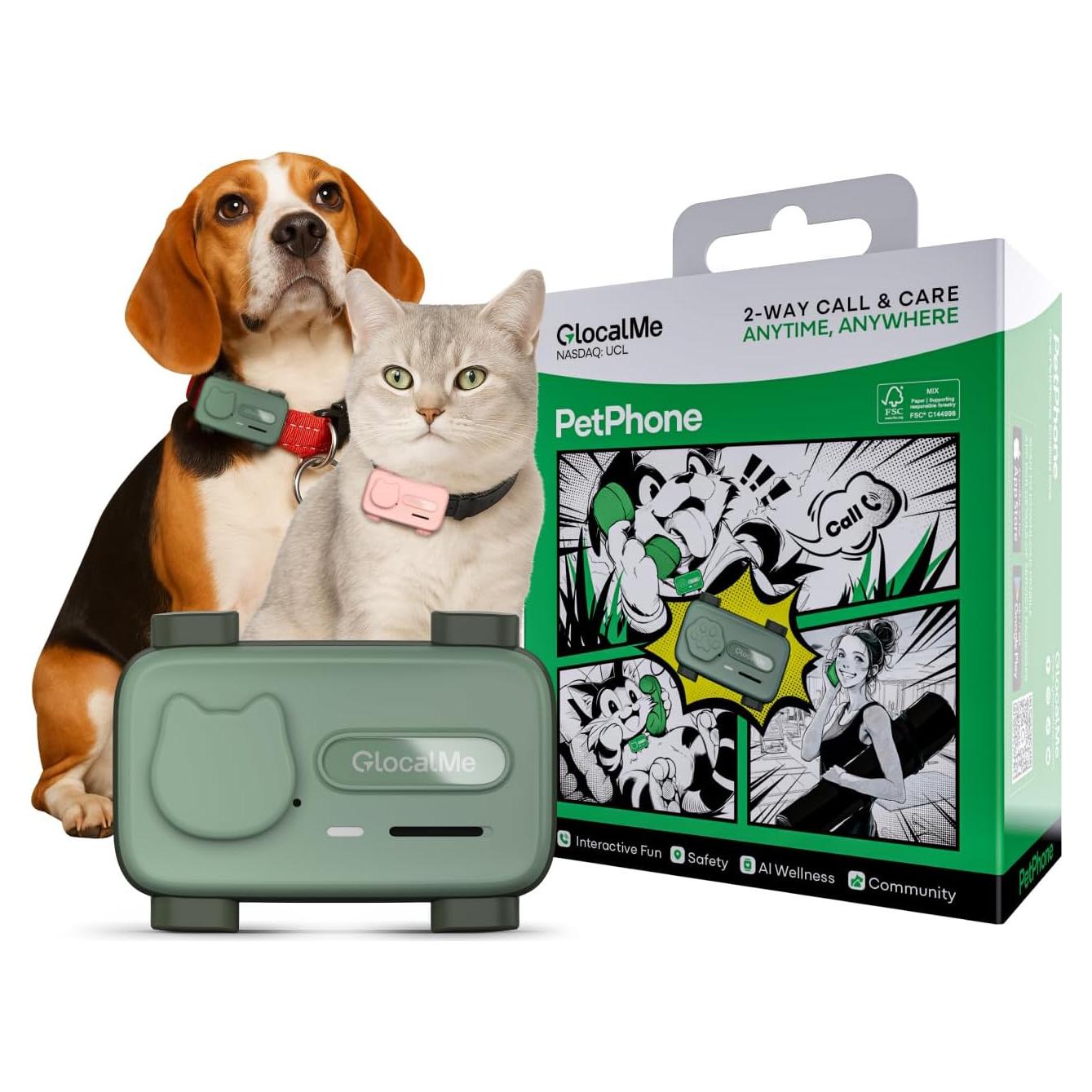 Rastreador GPS para Mascotas GlocalMe PetPhone Verde - Llamada Bidireccional y Salud AI