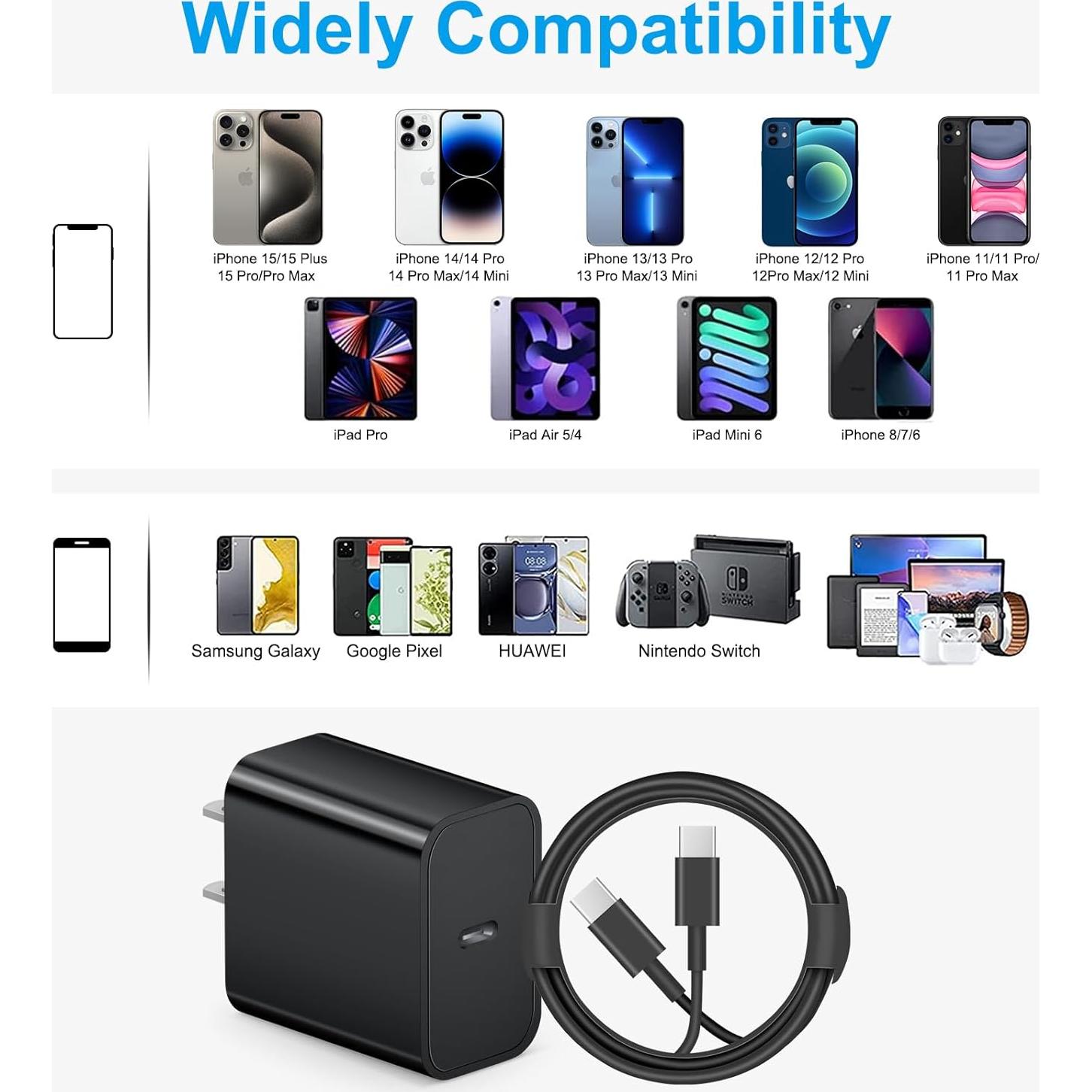 Cargador Rápido USB-C 20W + Cable 6FT para iPhone 17/16/15