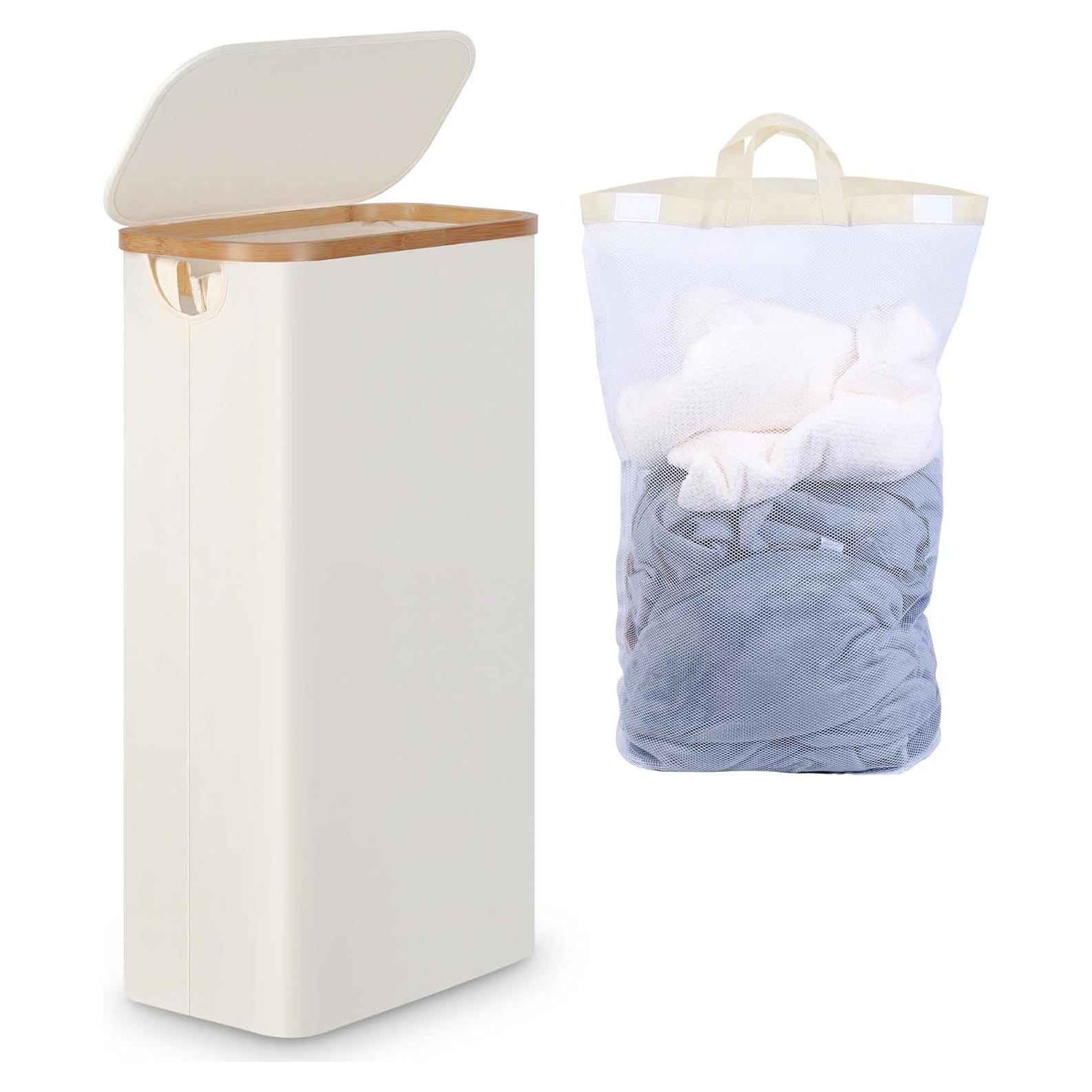 Cesta de Lavandería Efluky 63L Beige con Tapa y Asas de Bambú