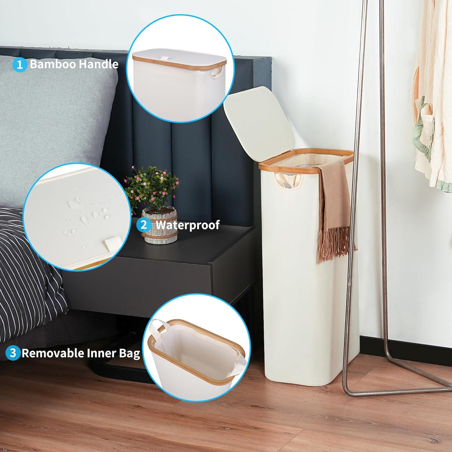 Cesta de Lavandería Efluky 63L Beige con Tapa y Asas de Bambú