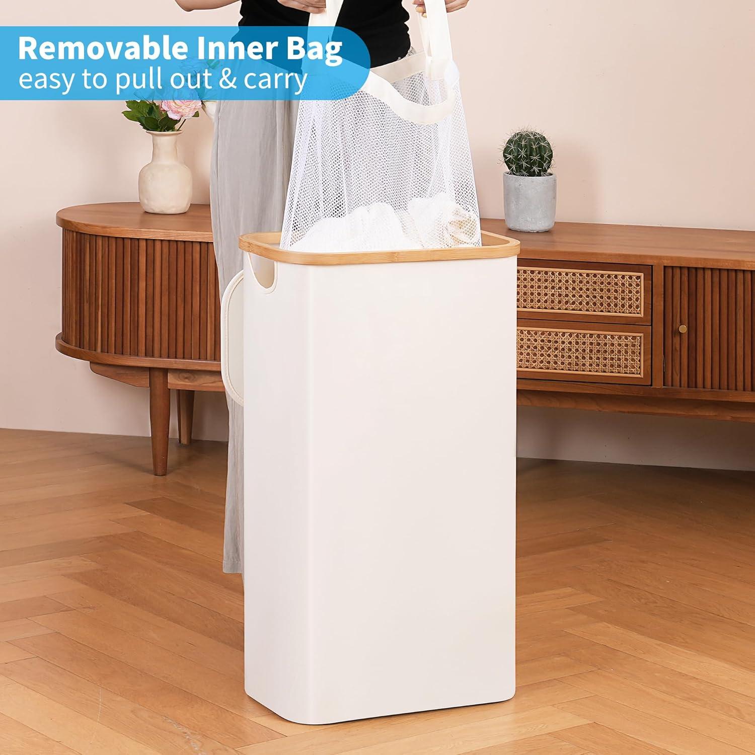 Cesta de Lavandería Efluky 63L Beige con Tapa y Asas de Bambú