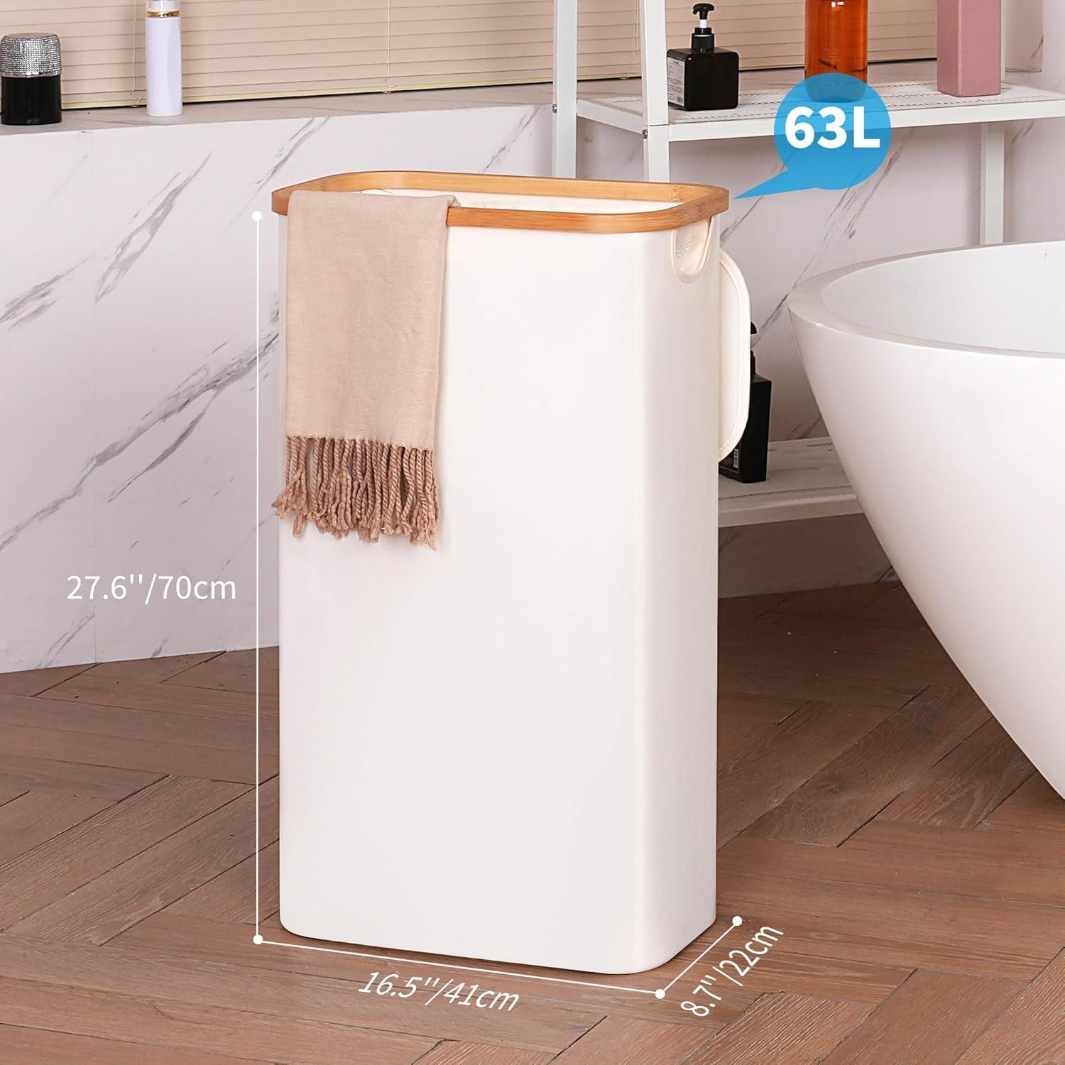 Cesta de Lavandería Efluky 63L Beige con Tapa y Asas de Bambú