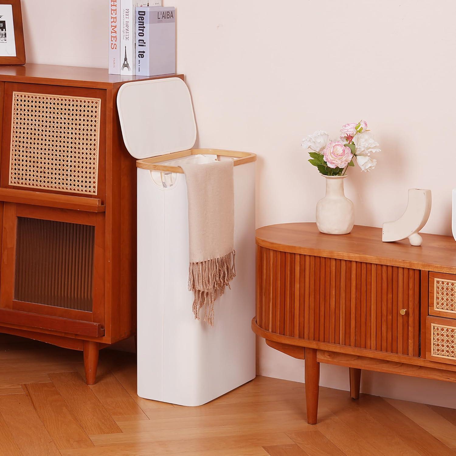 Cesta de Lavandería Efluky 63L Beige con Tapa y Asas de Bambú