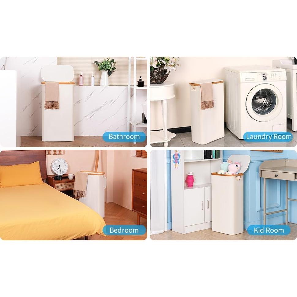 Cesta de Lavandería Efluky 63L Beige con Tapa y Asas de Bambú