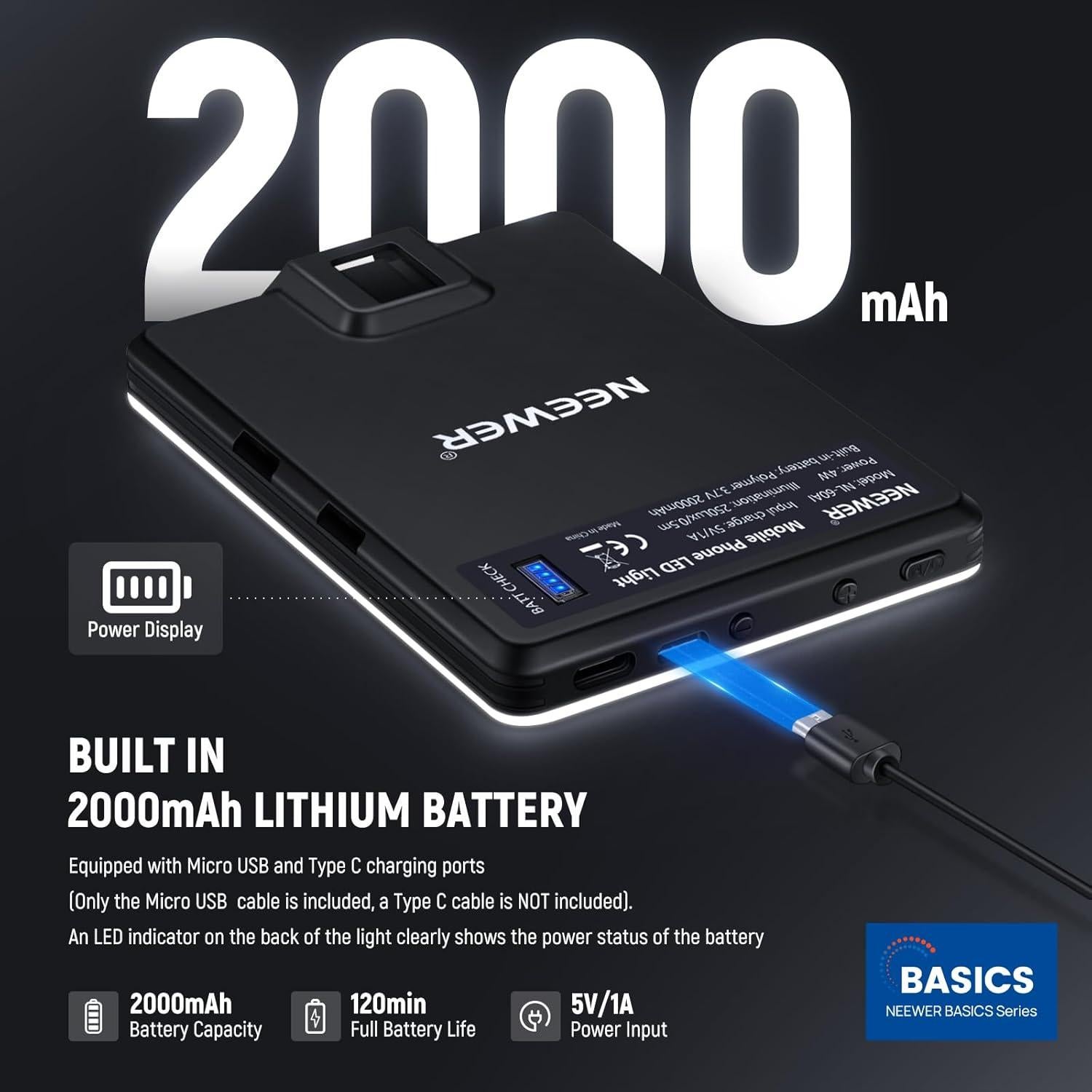 Luz LED de Selfie NEEWER NL-60AI Recargable 2000mAh