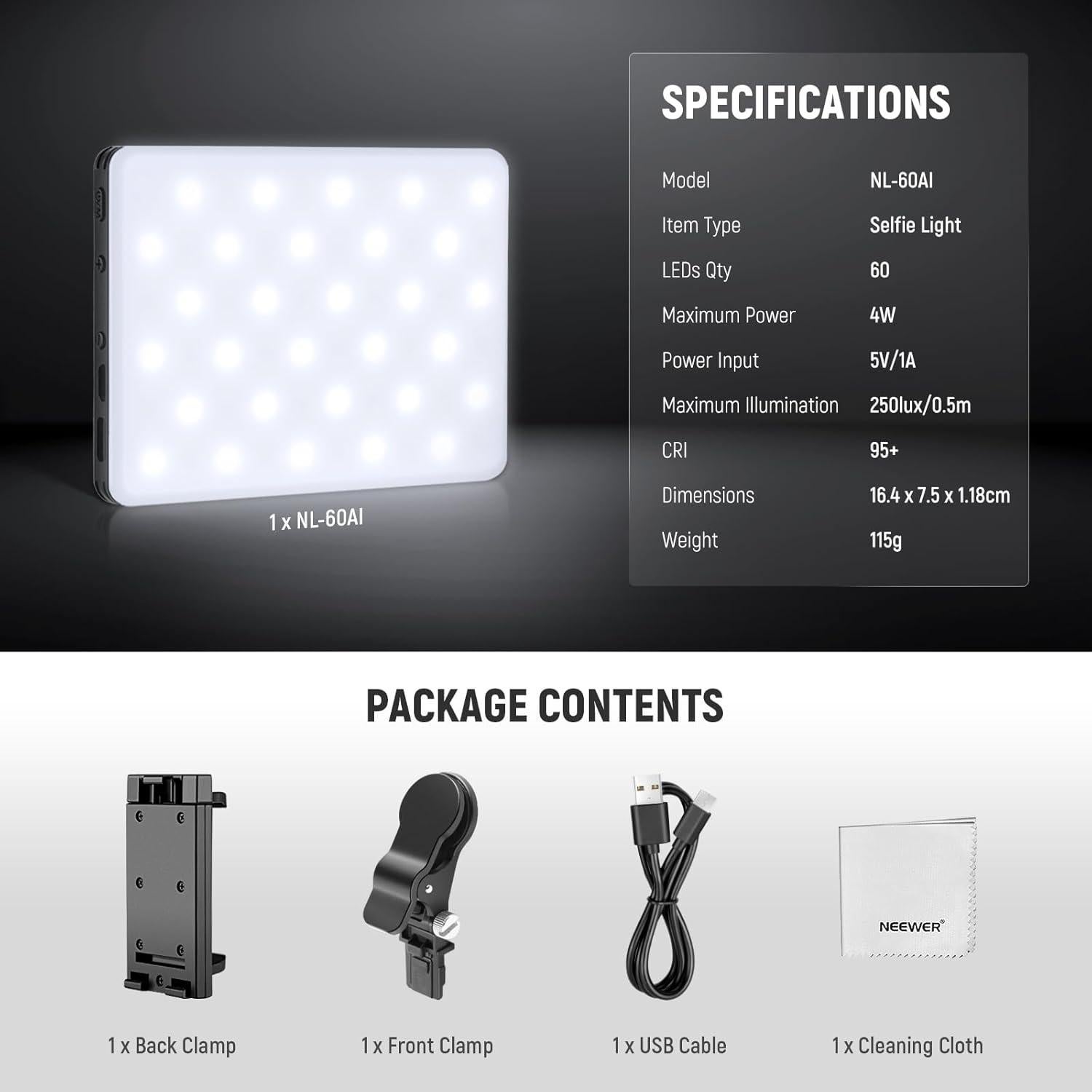 Luz LED de Selfie NEEWER NL-60AI Recargable 2000mAh