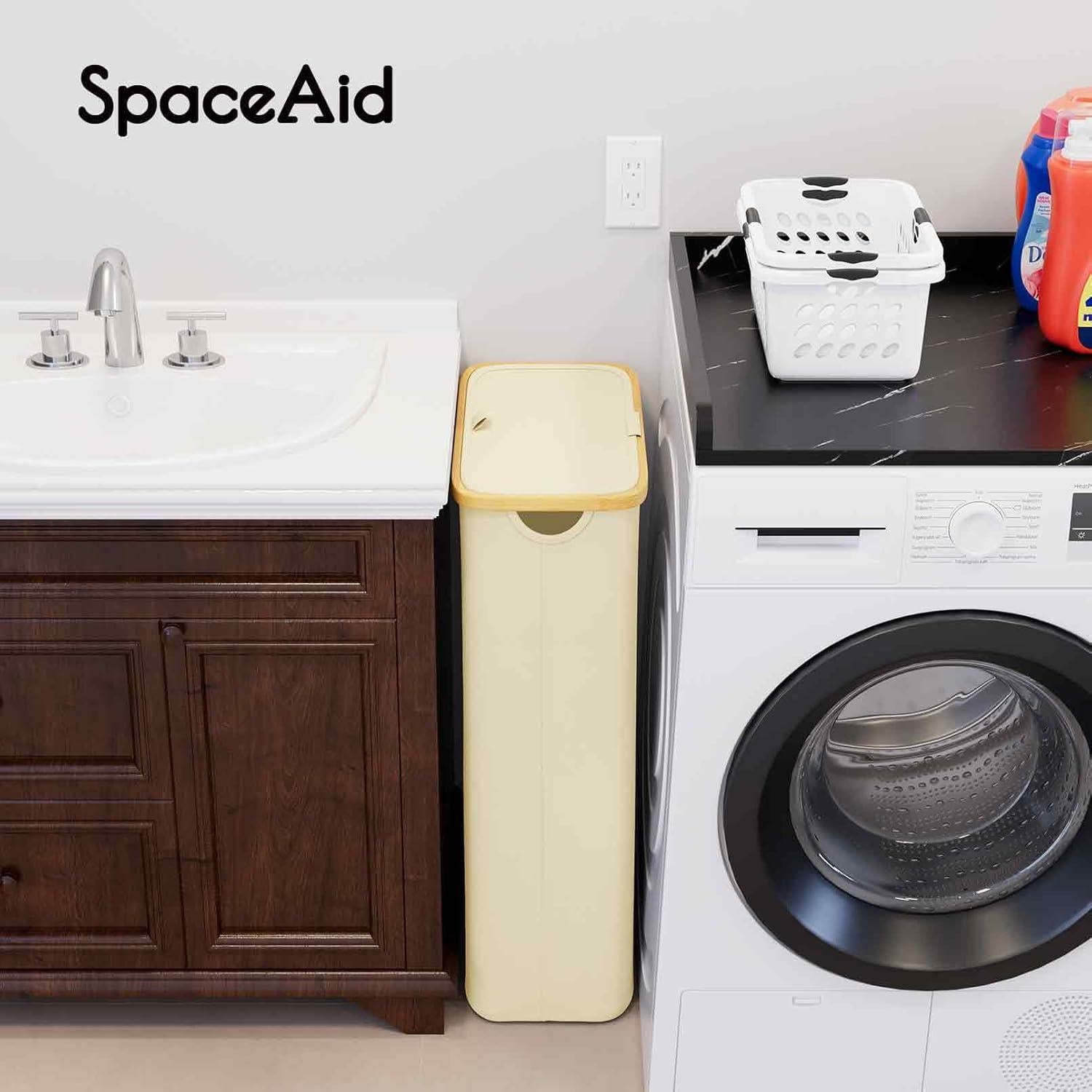 Cesta de Ropa SpaceAid Slim 65L con Tapa Beige Plegable