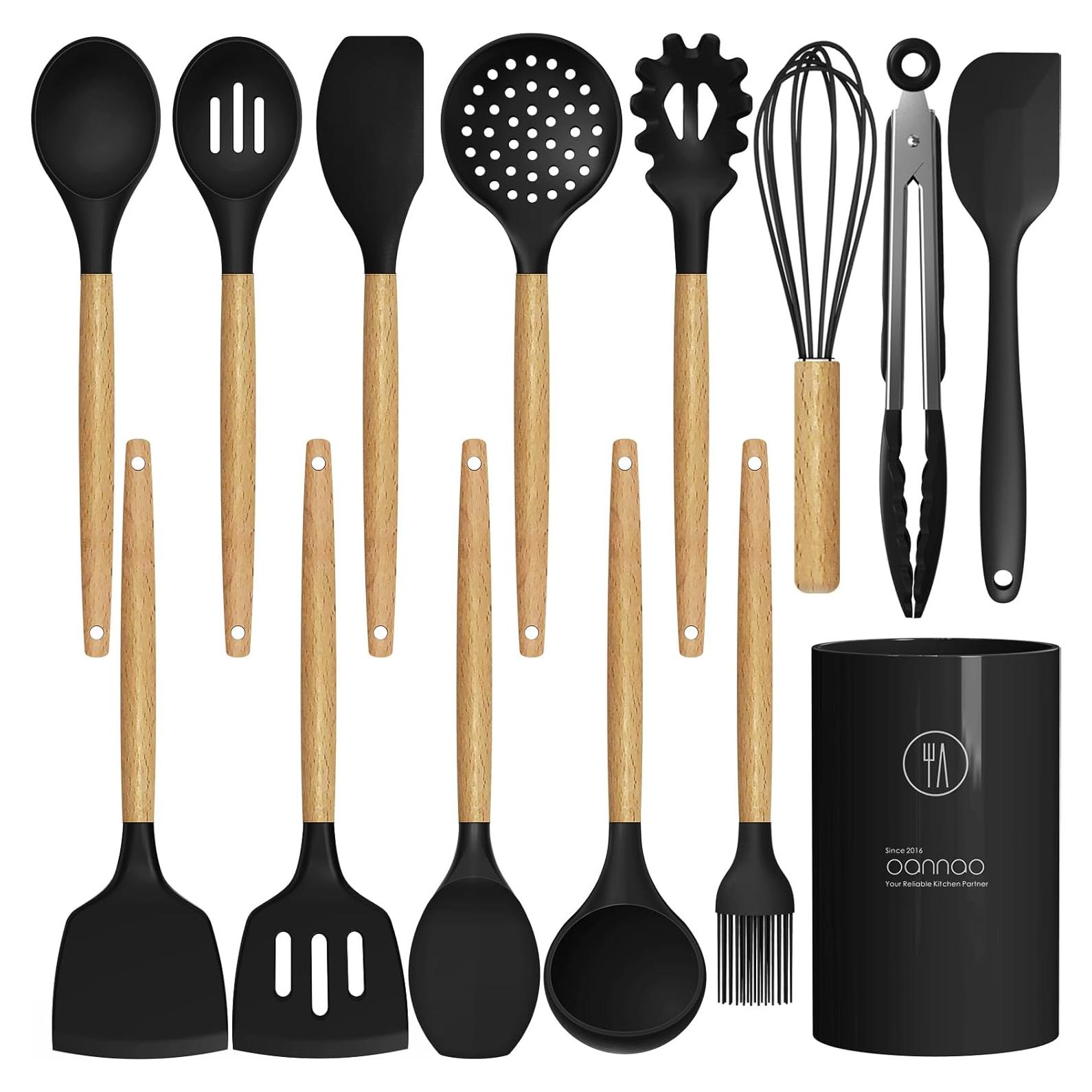Juego de Utensilios de Cocina de Silicona oannao 14 Piezas Negro