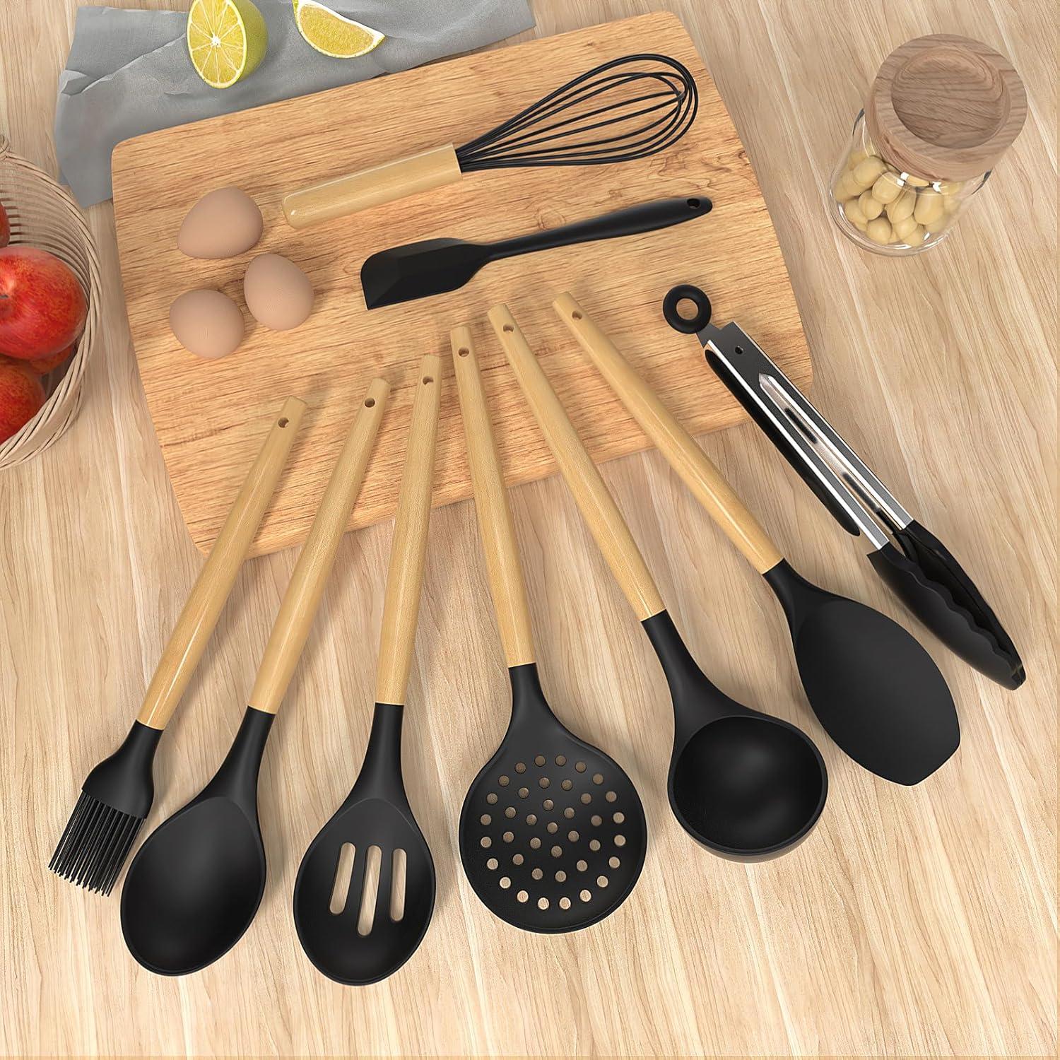 Juego de Utensilios de Cocina de Silicona oannao 14 Piezas Negro