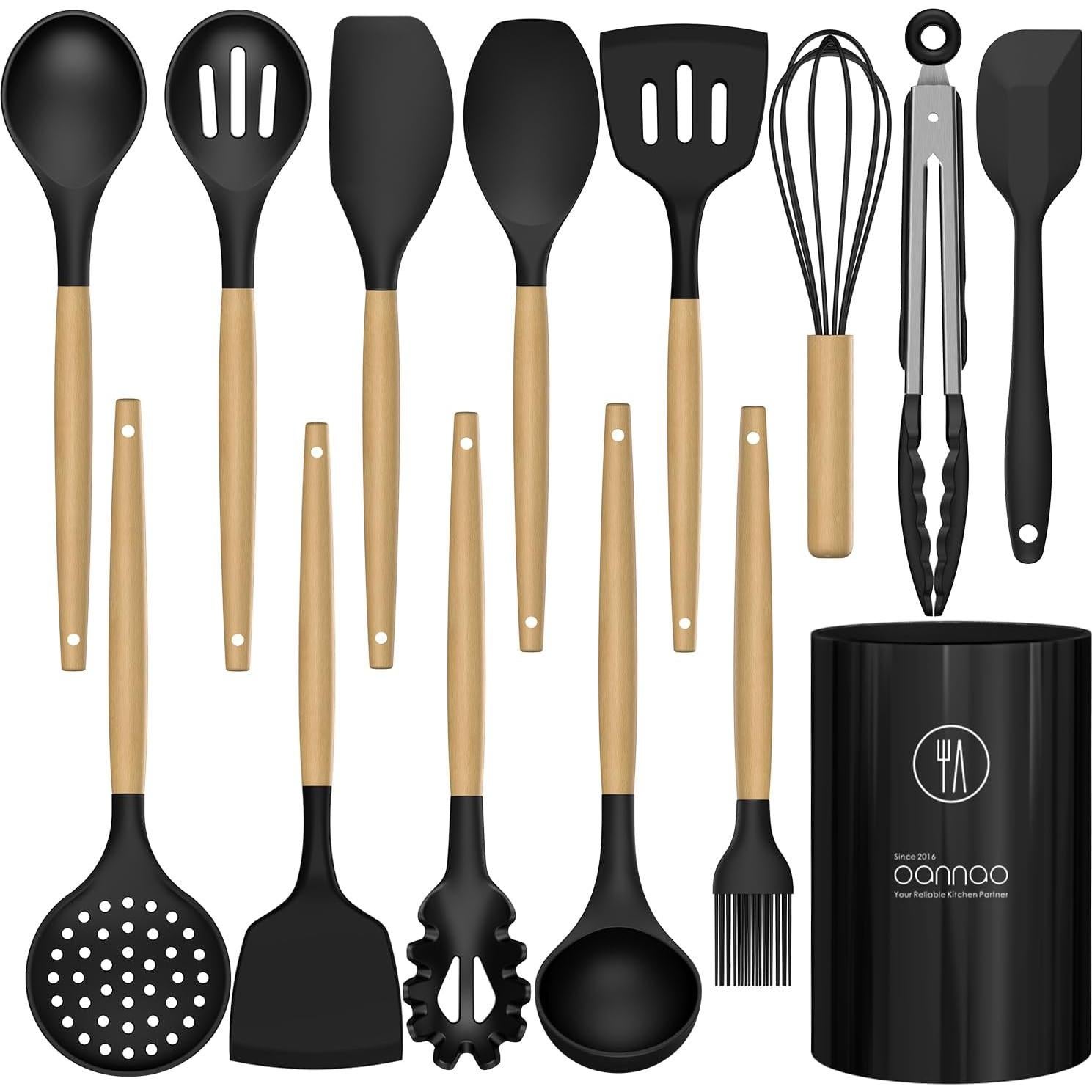 Juego de Utensilios de Cocina de Silicona oannao 14 Piezas Negro