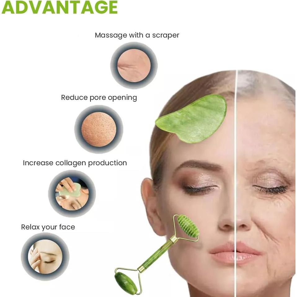 Set de Rodillo Facial y Gua Sha Bibabala - Jade Verde 4 Piezas