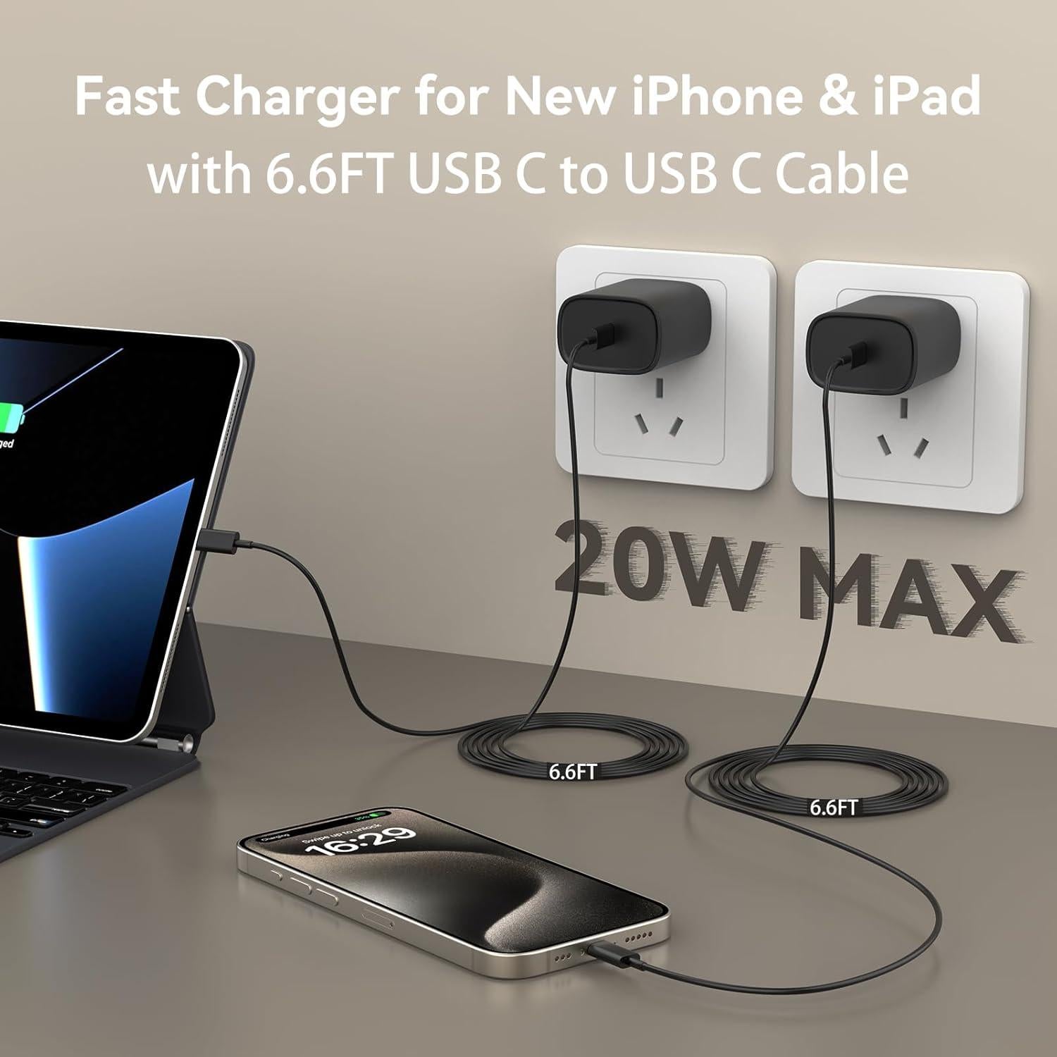 Cargador Rápido USB C 20W con Cable 2m para iPhone 15/16