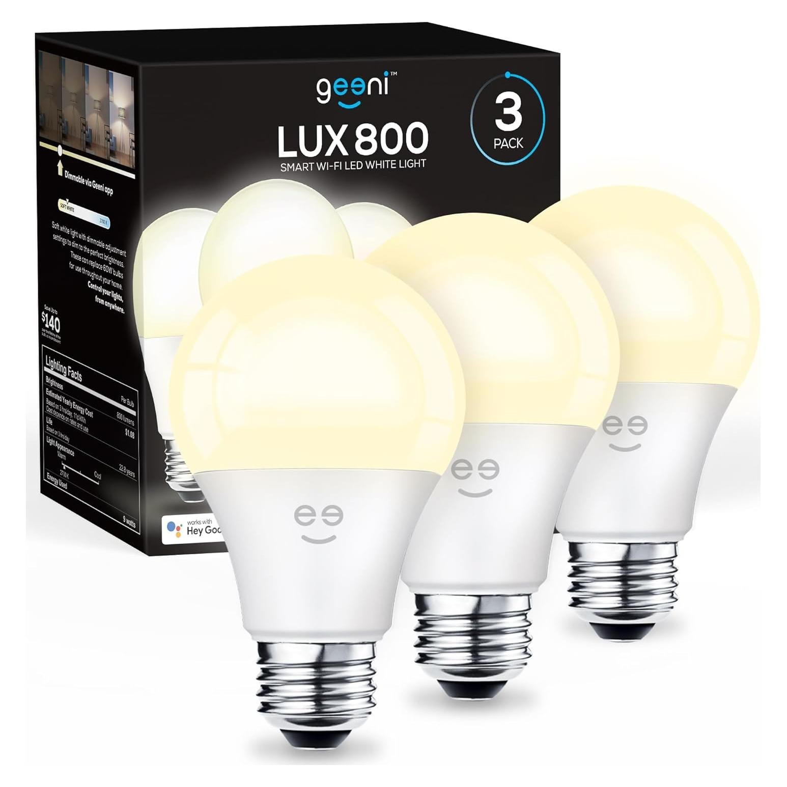 Bombilla LED Inteligente Geeni A19 Regulable 800 Lúmenes Paquete de 3