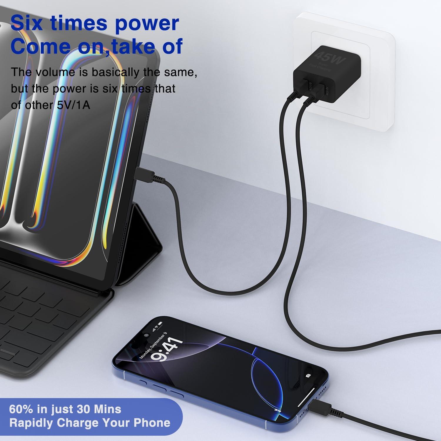 Cargador Rápido 45W Doble Puerto REUTIXUN + Cable USB C 3m/3m