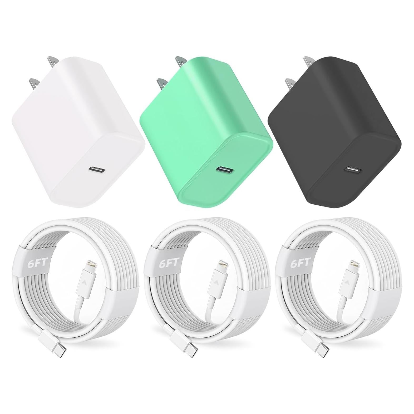 Cargador de pared USB C PD 20W + 3 cables Lightning 6FT ILOUYU