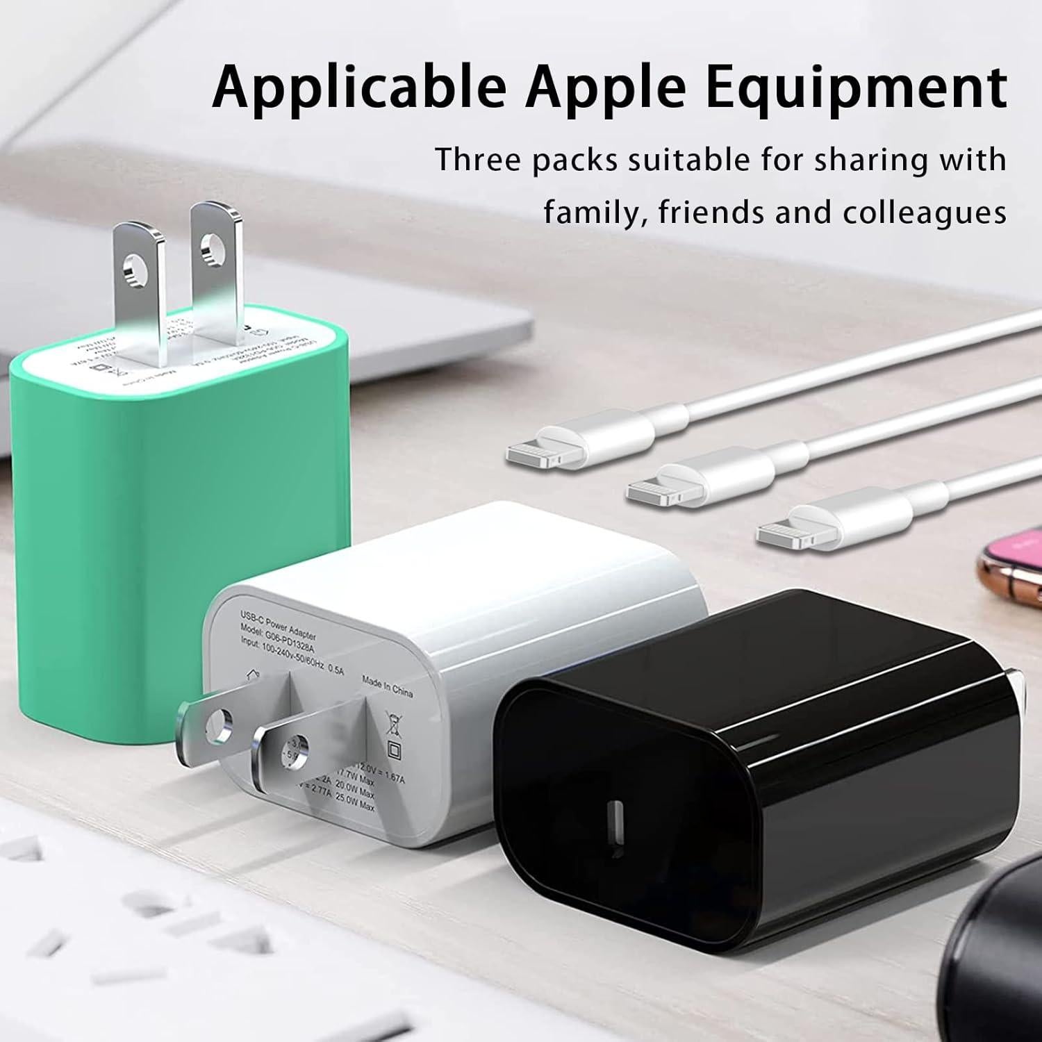 Cargador de pared USB C PD 20W + 3 cables Lightning 6FT ILOUYU