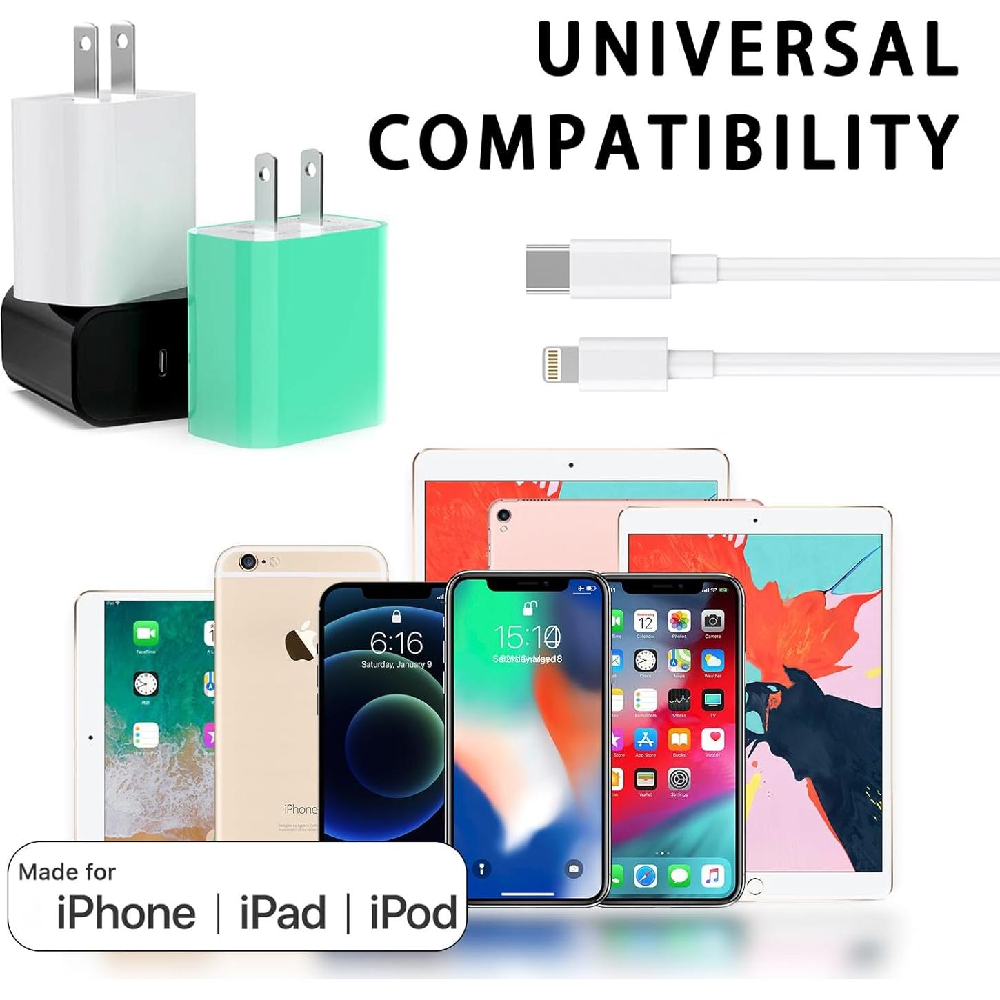 Cargador de pared USB C PD 20W + 3 cables Lightning 6FT ILOUYU