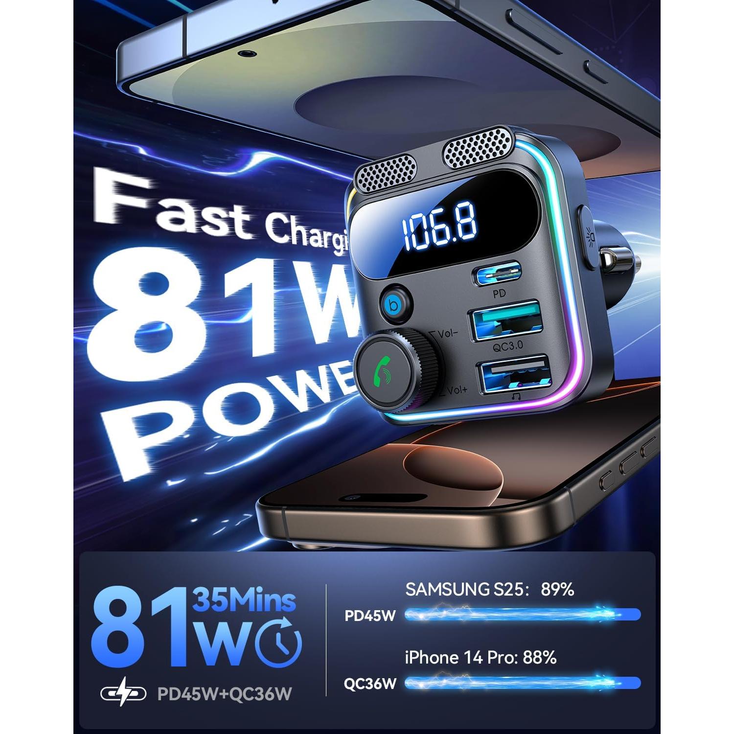 Transmisor FM Bluetooth 5.4 JOYROOM JR-CCB01 Cargador USB 81W