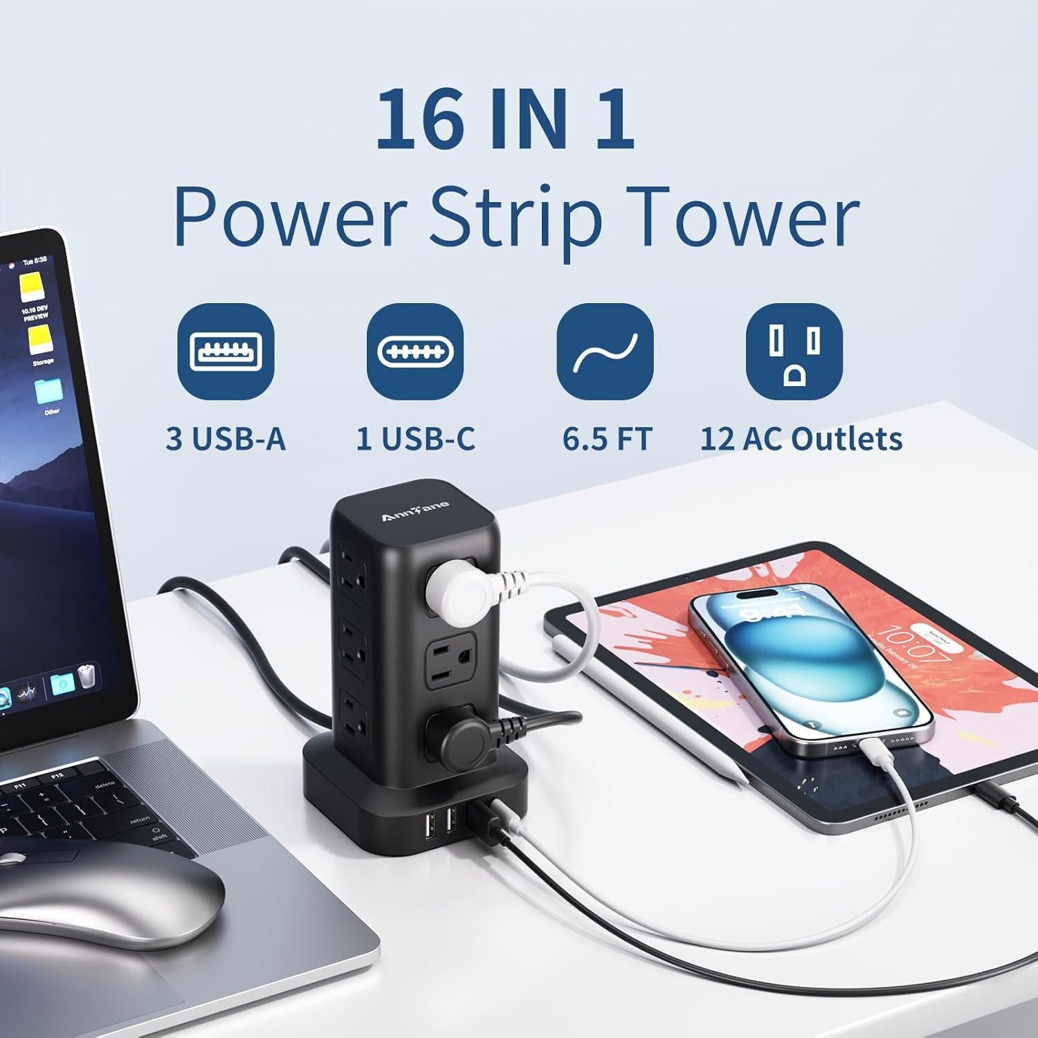 Regleta de Protección AnnTane 1.98m con 12 Salidas y 4 USB