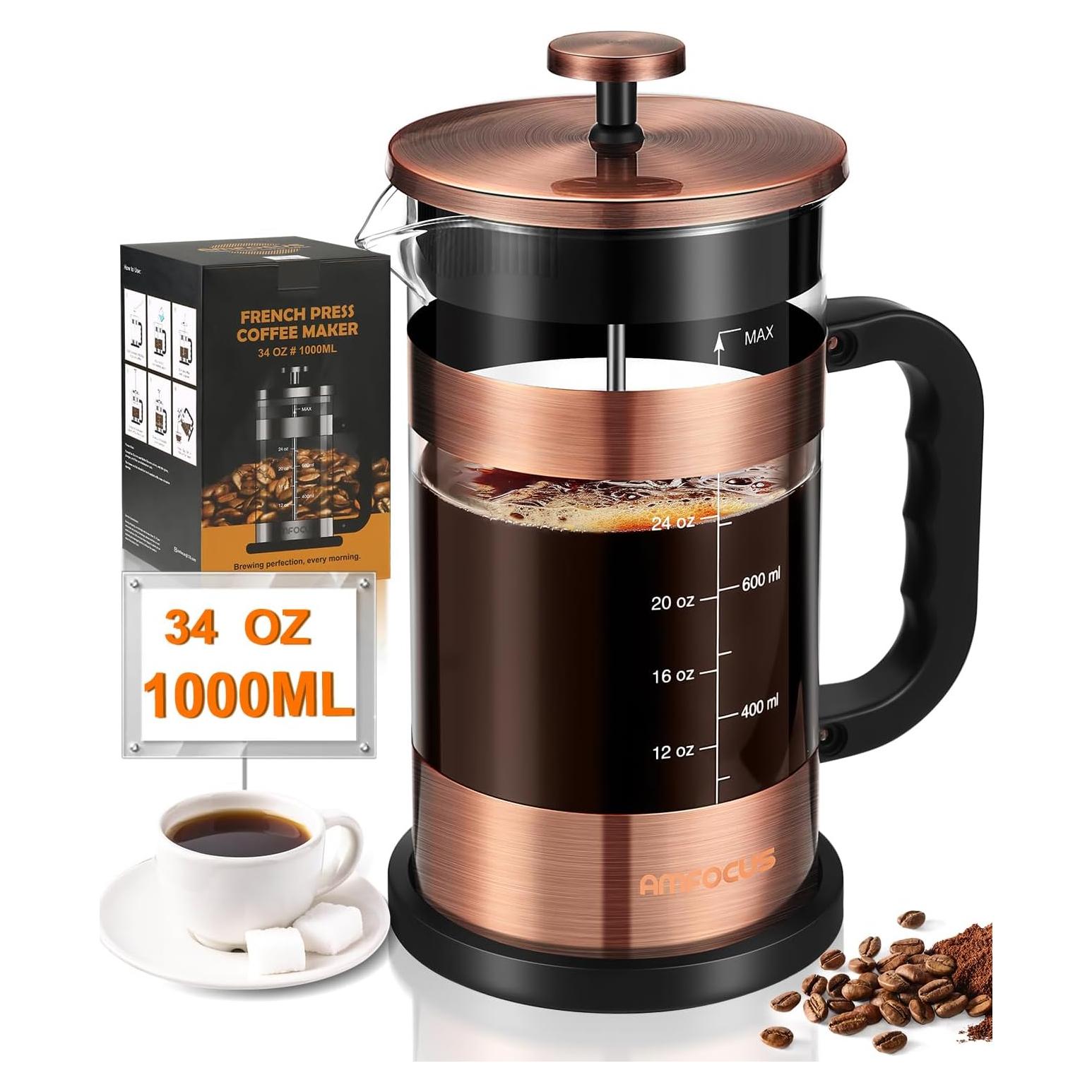 Cafetera Prensa Francesa AMFOCUS 34oz Acero Inoxidable Vidrio