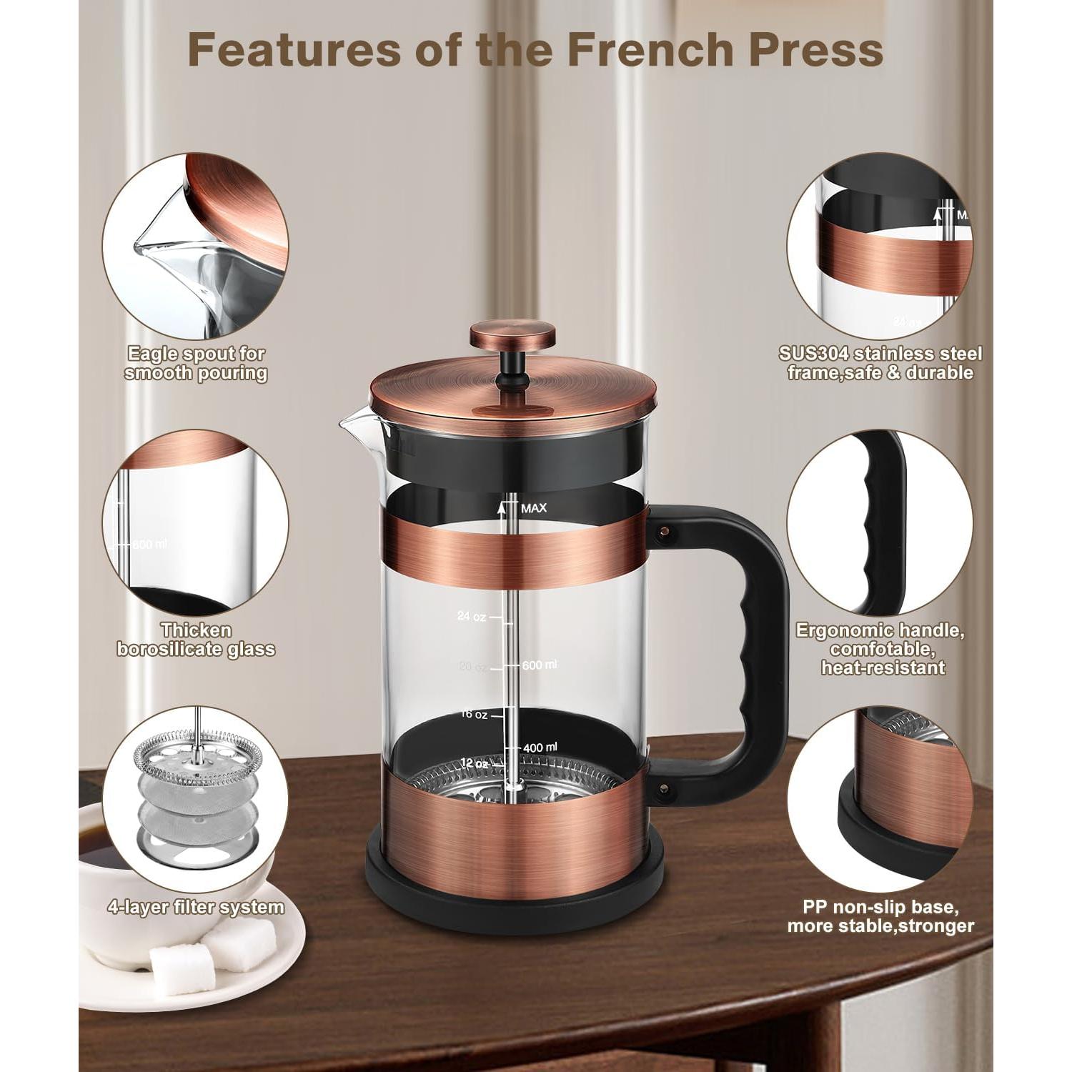 Cafetera Prensa Francesa AMFOCUS 34oz Acero Inoxidable Vidrio