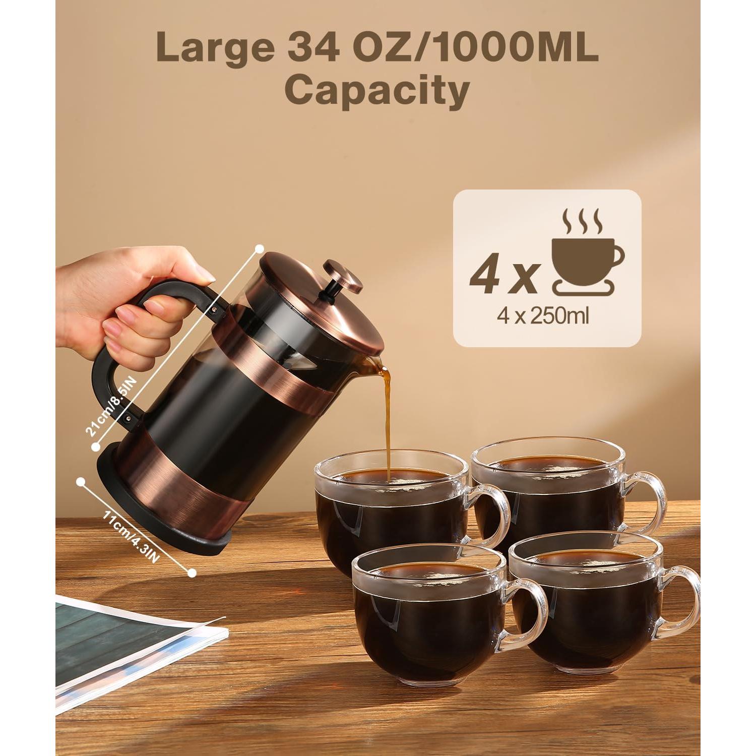 Cafetera Prensa Francesa AMFOCUS 34oz Acero Inoxidable Vidrio