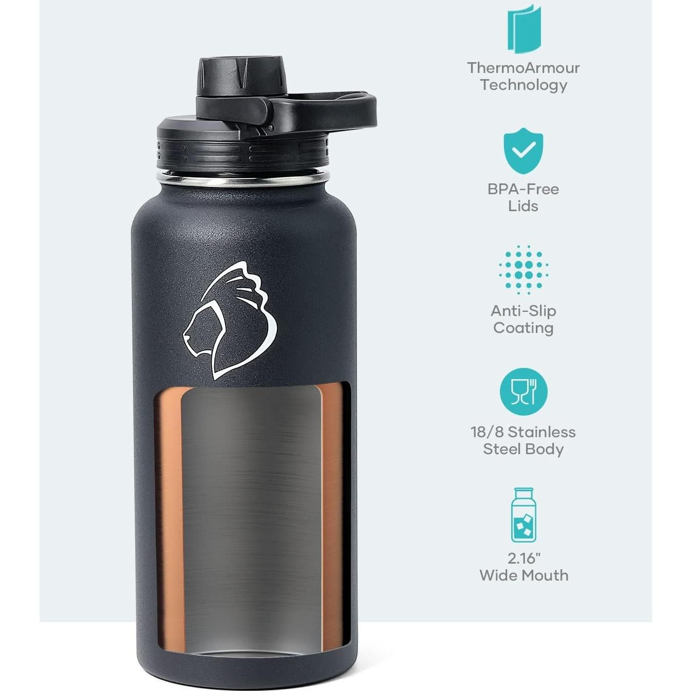 Botella de Agua Aislada BUZIO 32 oz Acero Inoxidable Negra