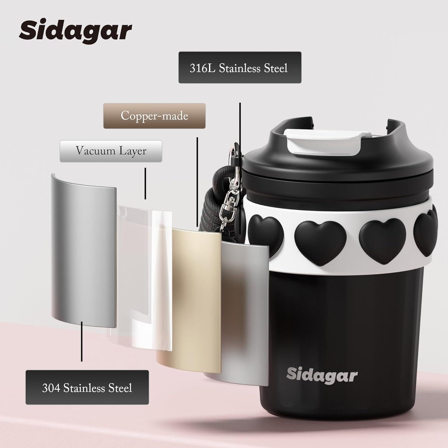 Taza de Café Térmica SDGA+ 12 oz Acero Inoxidable Negra