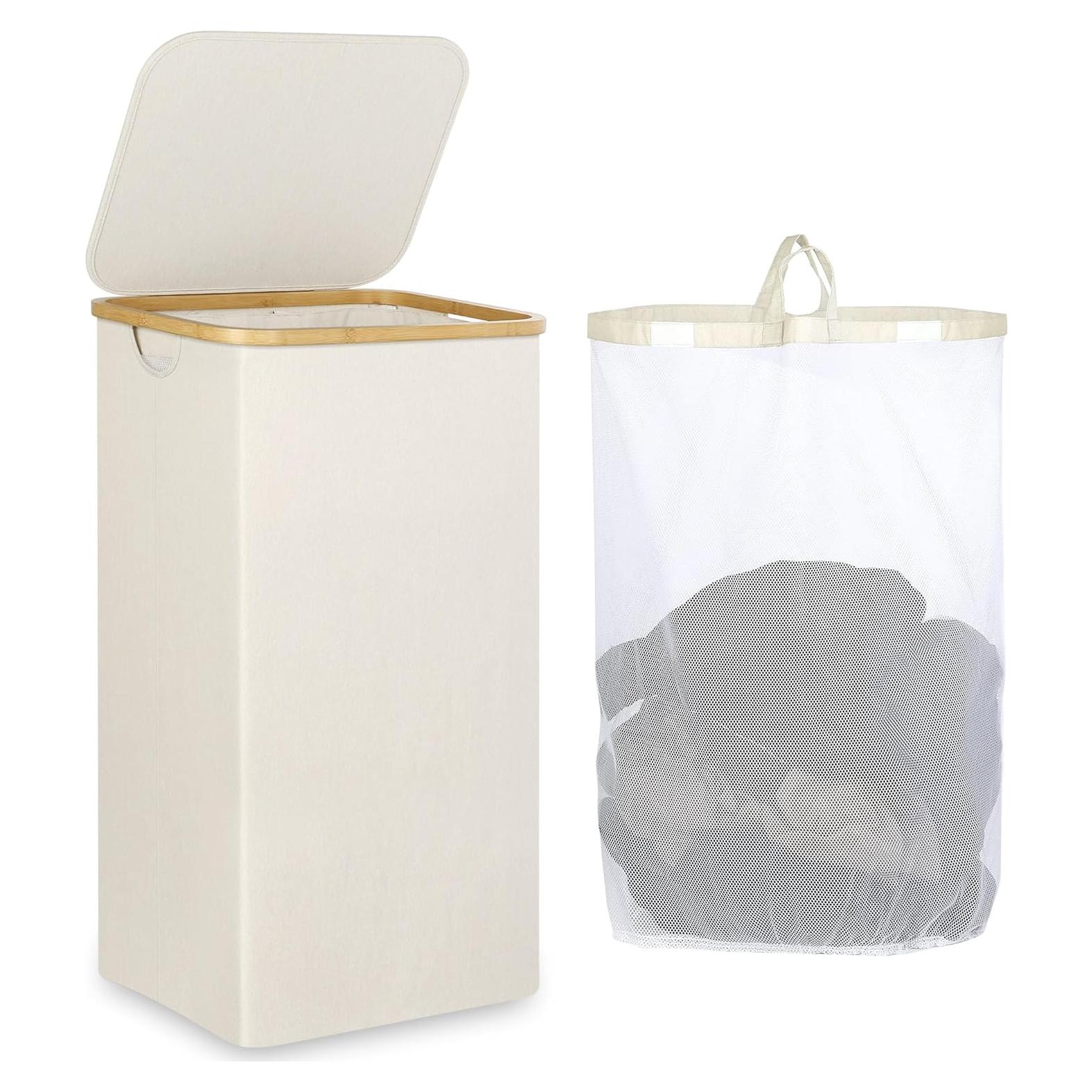 Cesta de Ropa Plegable iEGrow 110L Beige con Tapa y Asa