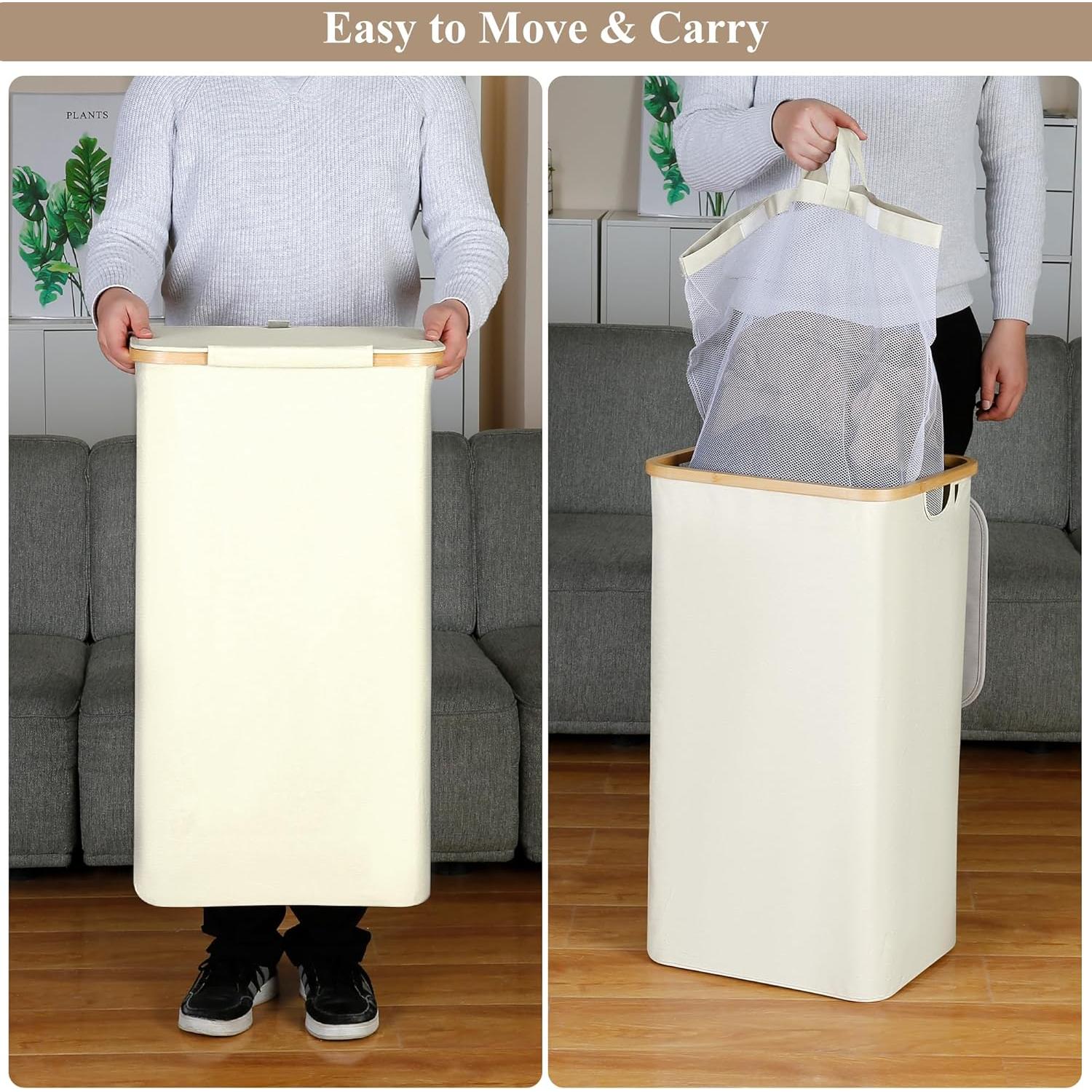 Cesta de Ropa Plegable iEGrow 110L Beige con Tapa y Asa