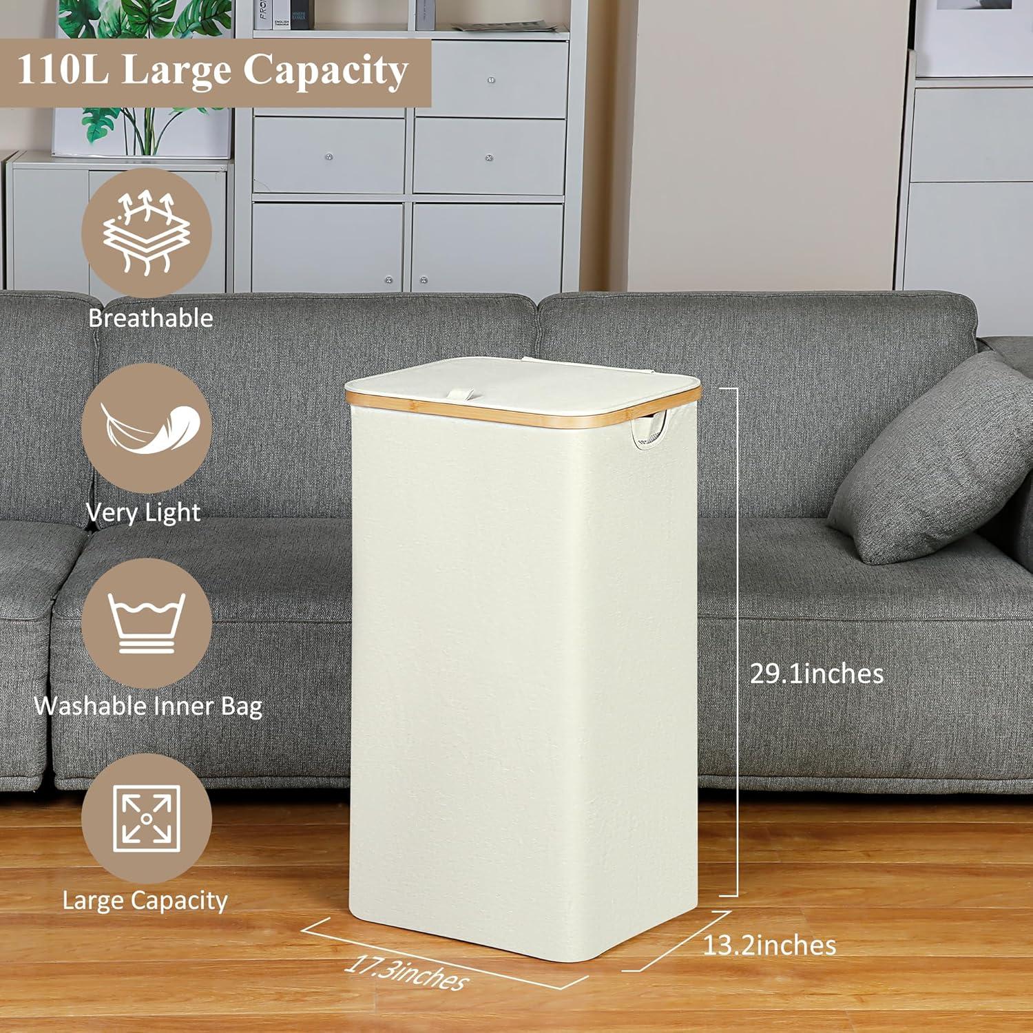 Cesta de Ropa Plegable iEGrow 110L Beige con Tapa y Asa